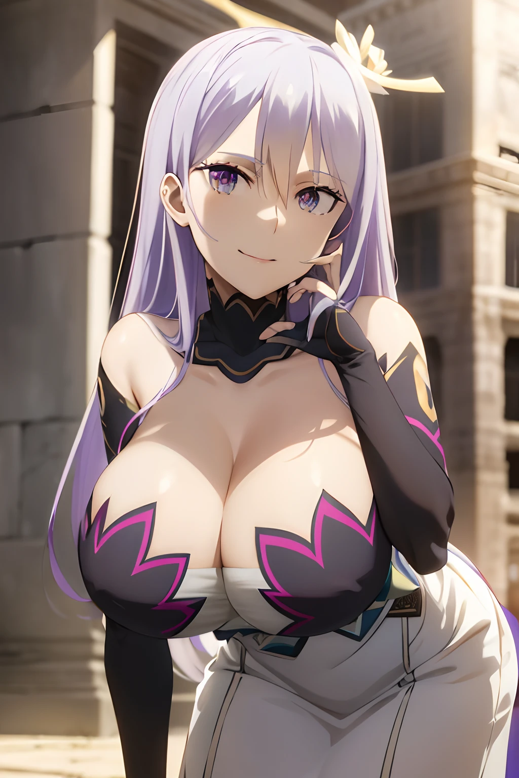 masterpiece, ((royal dressed)), ((wing)), halo, (best quality), (solo), 1girl, reona, silver hair, purple hair , (long skirt), long hair, purple eyes, sexy woman, hair between eyes, hair ornament, vibrant colors , natural lighting, RTX, (huge tits), (detailed face:1.2), (perfect eyes:1.1) ,(photorealistic:1.1), 8k uhd, looking a viewer, outdoors, simple backround, smile, (full body), ((straddled), temple ruins, cleavage, close up view,