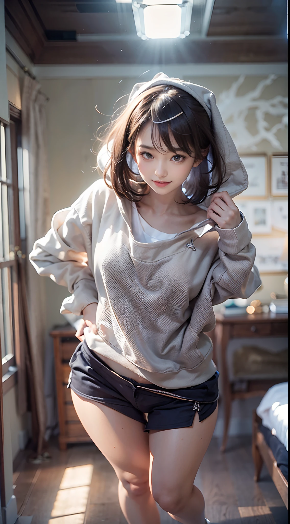 (NSFW), 1womanl, Solo, 24 year old, 7headed body, (cute face), (Ideal ratio body proportions), in a house, (((sweatshirt))), (((white panties))), ((The lower part of the body is bare)), panties focus, Sexy body, Wet, Clothes are sheer, Smiling smile, short-hair, Dark hair, small tits, A slender, Small buttocks, beauty legs, Skinny Legs, surrealism, Cinematic lighting, depth of fields, One-person viewpoint, F/1.8, 135 mm, nffsw, masutepiece, ccurate, ((Anatomically correct)), Textured skin, Super Detail, high details, High quality, awardwinning, Best Quality, hight resolution, 8K