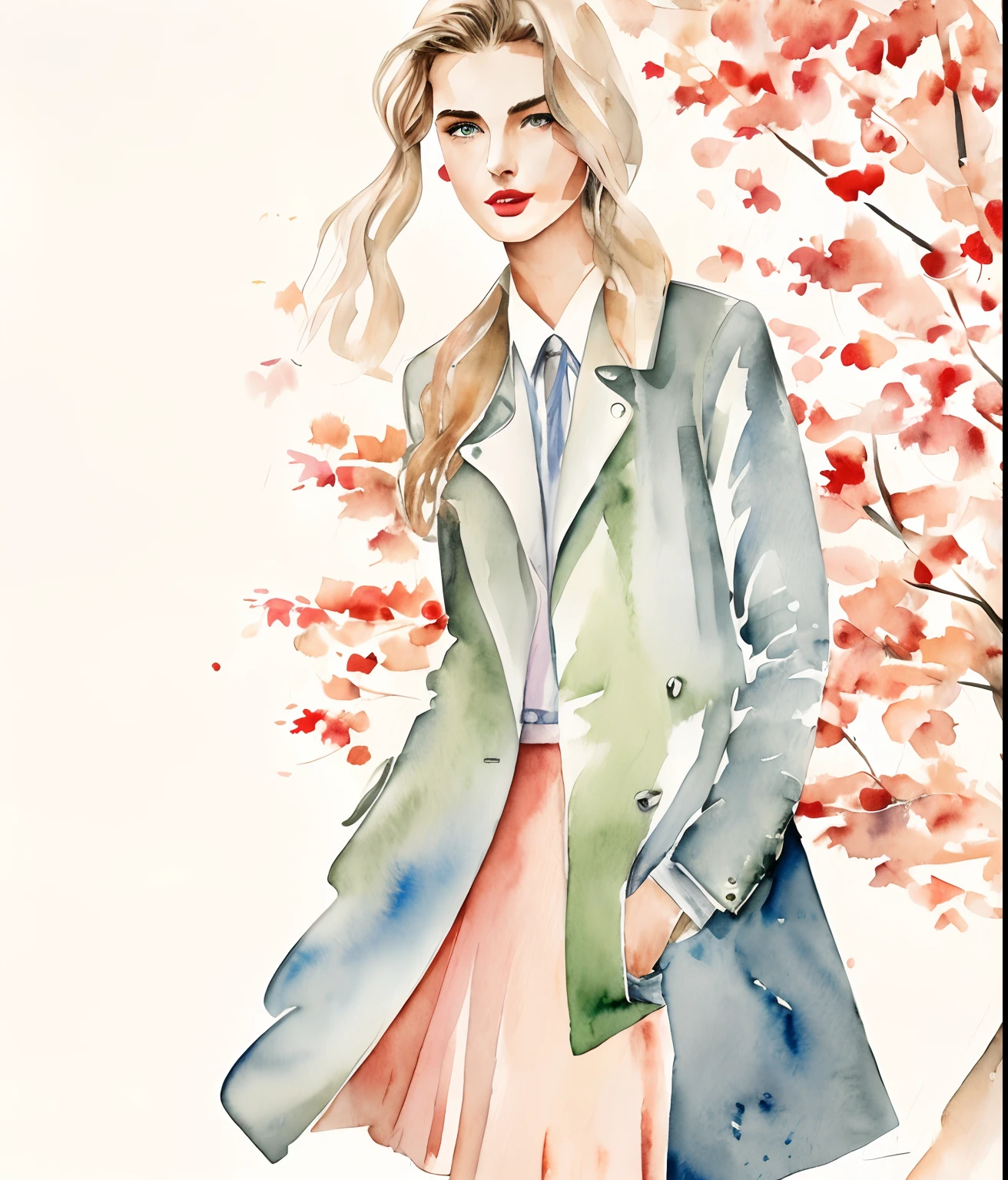 Kelly smith watercolor art Blonde Woman thin hair, french bob, gray blue eyes, red lipstick, andreea diaconu, peach beige dress, jacket, windy, green tree, summer, fantasy, artistic brushstrokes