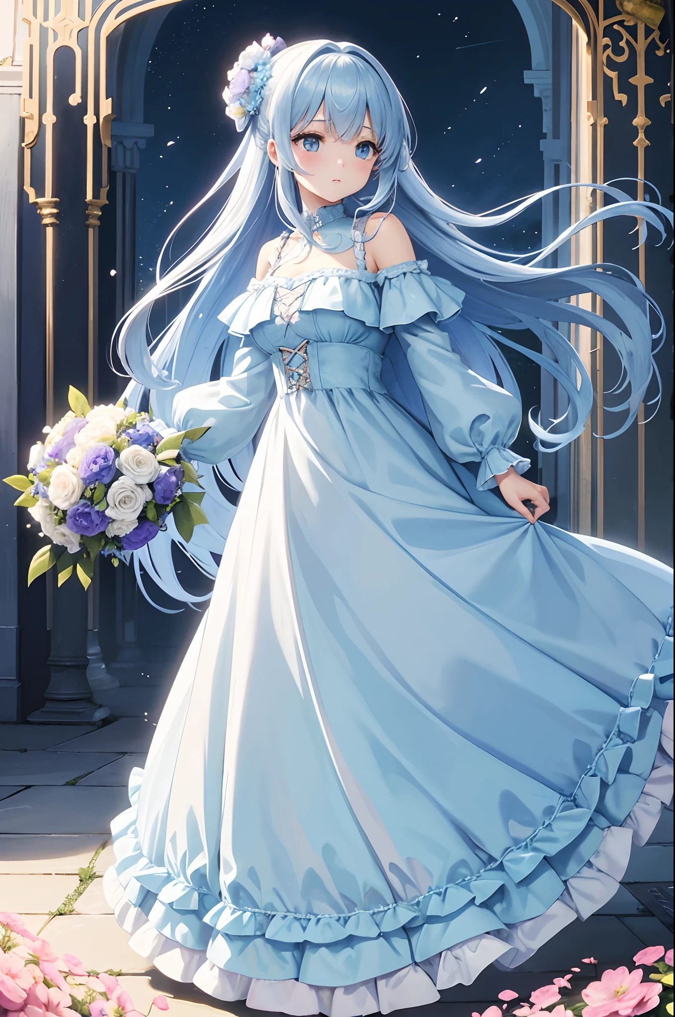 masterpiece、top-quality、illustratio、Extremely high quality、high-level image quality、Extremely sensitive writing)Light blue long-haired girl standing in beautiful flowery garden、She has a large bouquet、Cute national costume style dress with ruffles on the shoulders、Hair fluttering in the wind