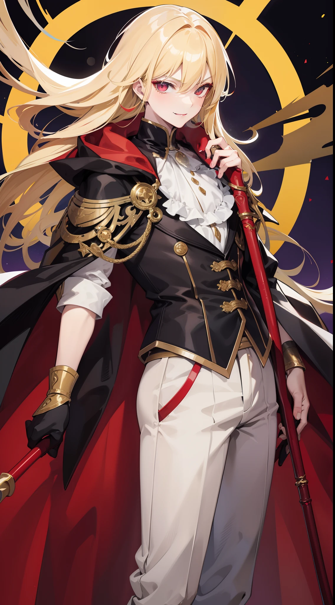 young boy, longue blonde hair, Heteroromy, smirk, red lipstick, red and yellow, red fluffy shirt, black tight pants, Dark purple cape, cane, Masterpiece, hiquality, higly detailed, HD, 4k