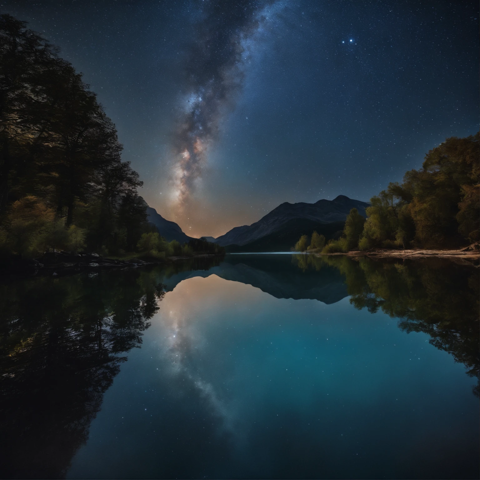 Master Parts、Superior Quality、superior image quality、The 8k quality、、Beautiful pictures of the starry sky、magnifica、Arched Milky Way:1.9、Blue surface of the lake