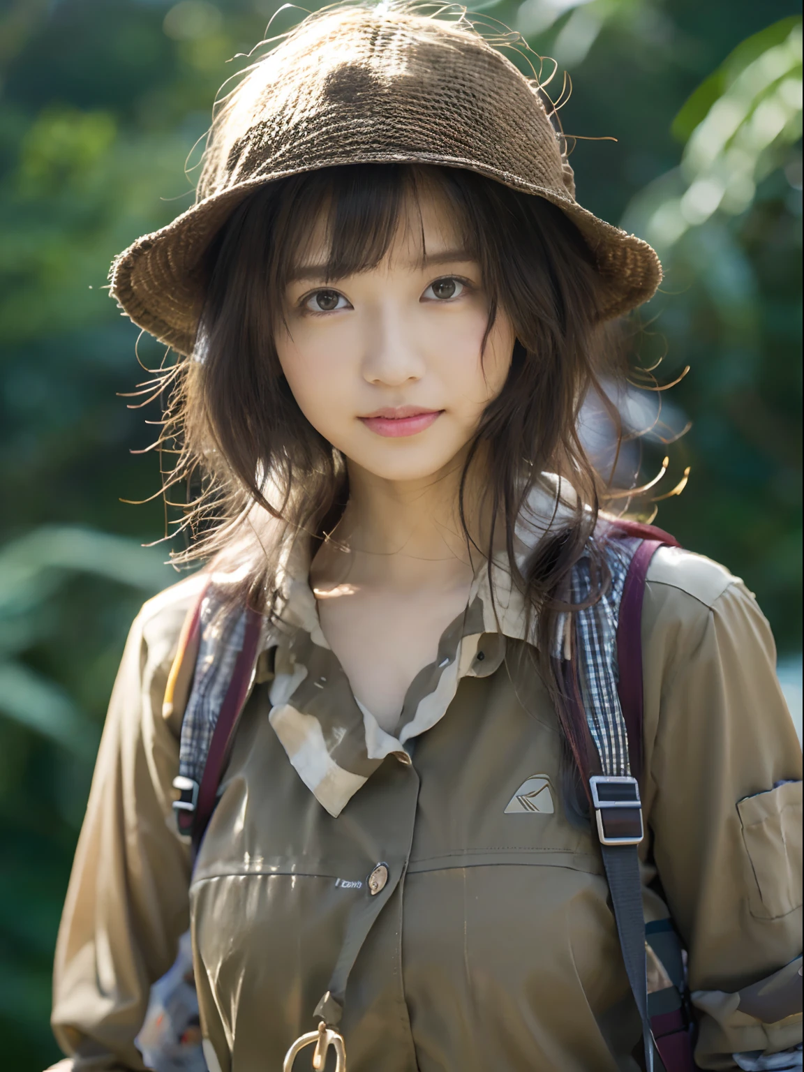 Single-person tent:1.37, (​masterpiece、top-quality、8k wallpaper、hight resolution、hyperrealistic scenery, Photorealsitic:1.37)、1girl in、独奏、18year old、Dainty Japan Woman,Looking at Viewer, Standing, open arms, Lifelike face、luslous skin、The angle is a bit far, Slender body type:1.1、Black eye、(Hiking pants, Wear an unbuttoned collared shirt loosely、Keep the hem of your shirt on the outside of your pants:1.37)、Carrying a backpack:1.2、Mountain girl style、I like mountain climbing, mountaineer, Beautiful sunset on background、Trekking Shoes、A detailed face、A detailed eye、Detailed nose、Detailed mouth、Happy smile