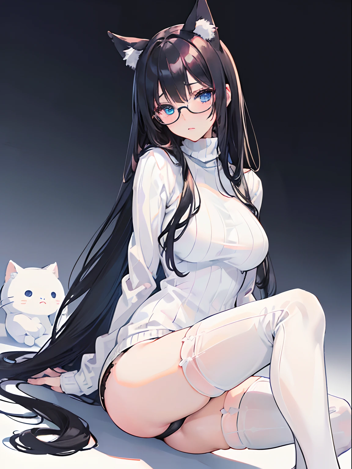 (((solo))), (((1, girl))) (((anime adult woman in a WHITE turtleneck cotton sweater outfit))), (((beautiful detailed eyes))), (((blue eyes))) (((parted lips))), (((black cat ears))), (((black hair))), (black messy hair), (((blushing))), (((embarrassed))), (((sitting))), (((knees together feet apart pose))), (((left and right hands pulling down sweater))), anime moe artstyle, with glasses, (((with WHITE thigh highs))), (((no shorts))), (((WHITE thigh highs socks))), (((BLACK panties))) spectacled, with BLACK glasses on, attractive anime girl, (((white background))), ((perfect hands)), (front pov) (((full body)))