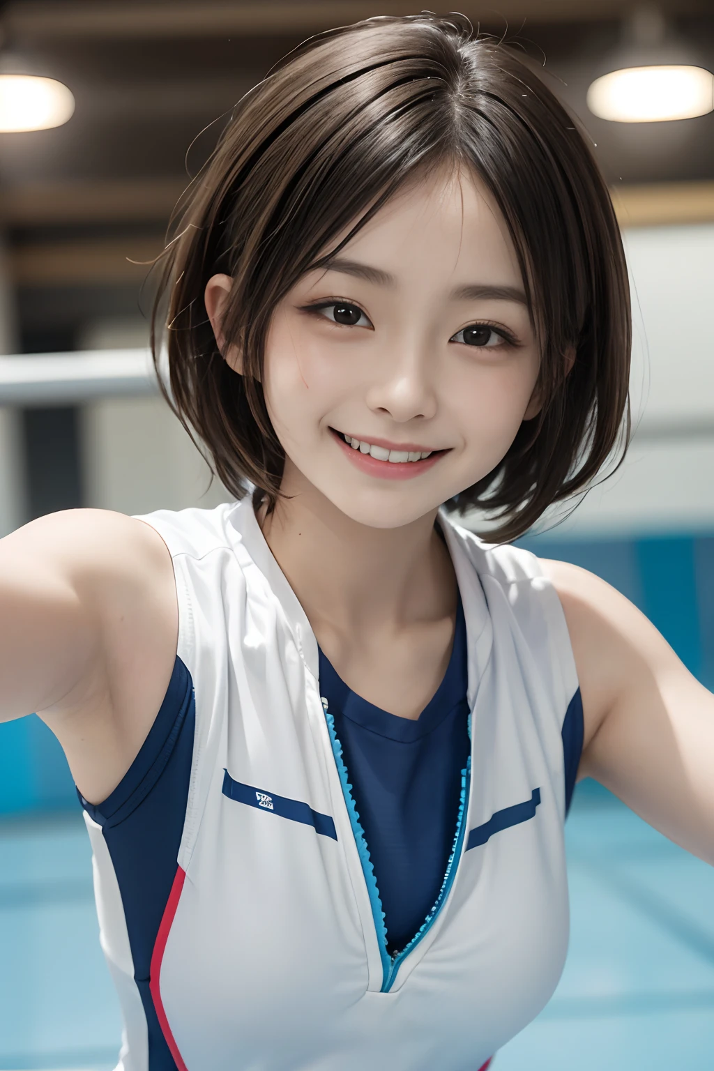8K,gymnast、A Japanese Lady、Japan Team、Smile full of happiness、((Looks happy:1.3))、Panting face、Lacking、Sweating、Expression in a state of excitement、short-hair、eye glass、8K,Female gymnasts、A Japanese Lady、Japan Team