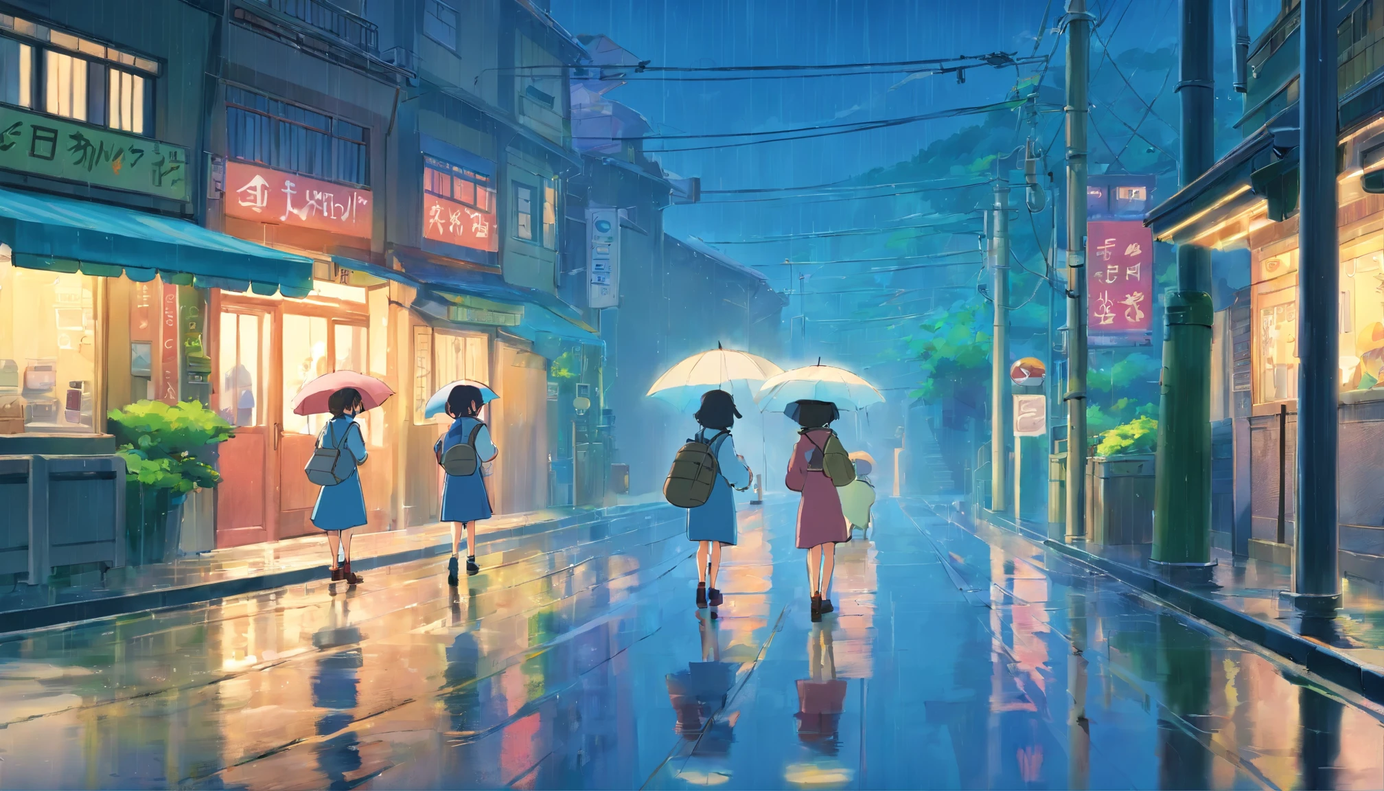 Girls at work,Wait for the bus at the bus stop,Back Shadow,rainy days