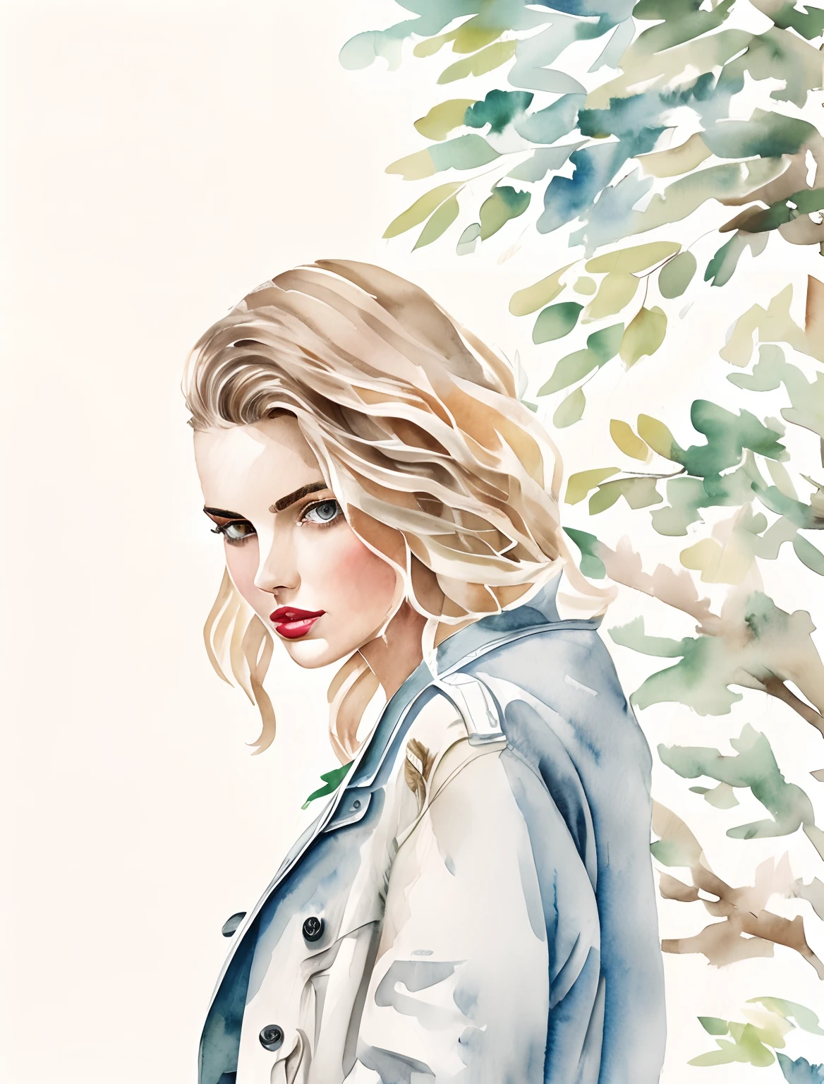 Kelly smith watercolor art Blonde Woman thin hair, french bob, gray blue eyes, red lipstick, andreea diaconu, peach beige dress, jacket, windy, green tree, summer, fantasy, artistic brushstrokes