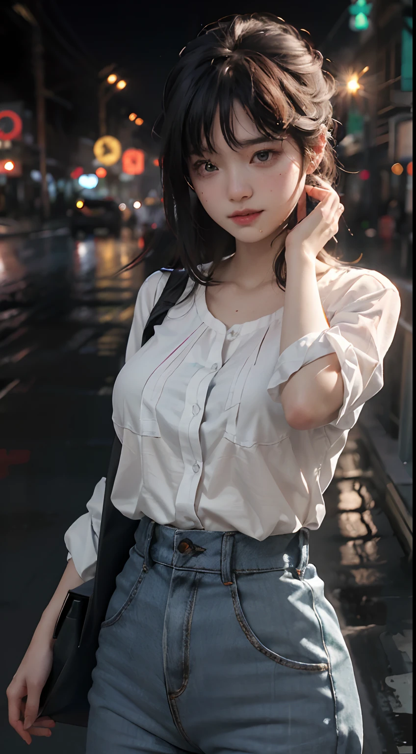 Best Quality, masutepiece, Ultra High Resolution, (fidelity:1.4), Photo, 1 pretty girl, White skin, Extra large breasts, White shirt, movie, rainy evening, Wet hair