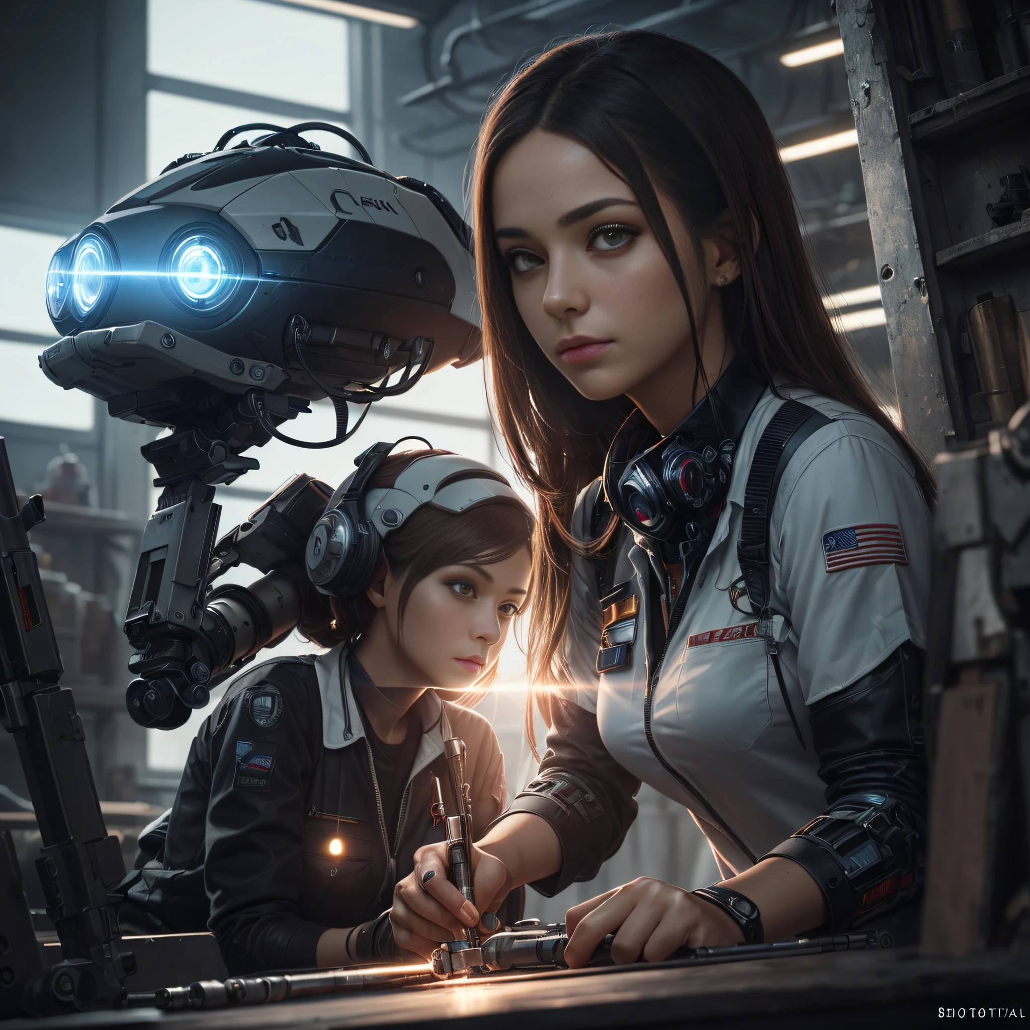 (Masterpiece:1.3), (8K, Photorealistic, Raw photography, Best Quality:1.4), (Ultra high Detailed), Mecha girl, details face, details hair, , (Beautiful girl mechanic wearing work clothes), (A mechanic maintaining a futuristic beam rifle in his workshop)