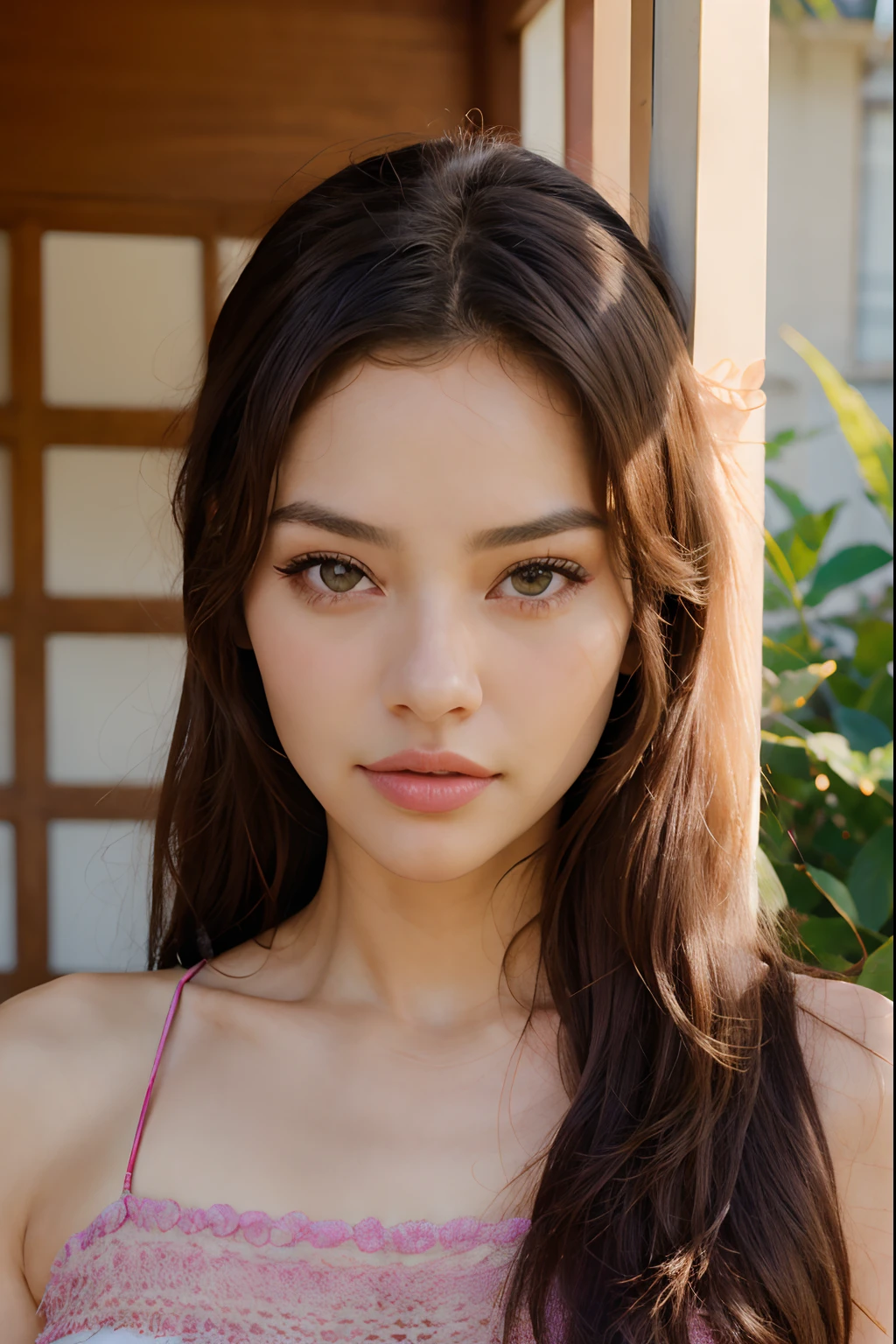 Girls, Bangs, European, Russian race, Bare Shoulders, Girl, 21 years old, Height 160cm, medium breasts, cloudy background, cloudy sky, black hair, hair bun, View Viewer, Parted lips, Red eyes, Simple background, random clothes, Solo, (Shiny skin),(Masterpiece:1.4),(Best quality:1.4),,Red lips, sweat, whole body
