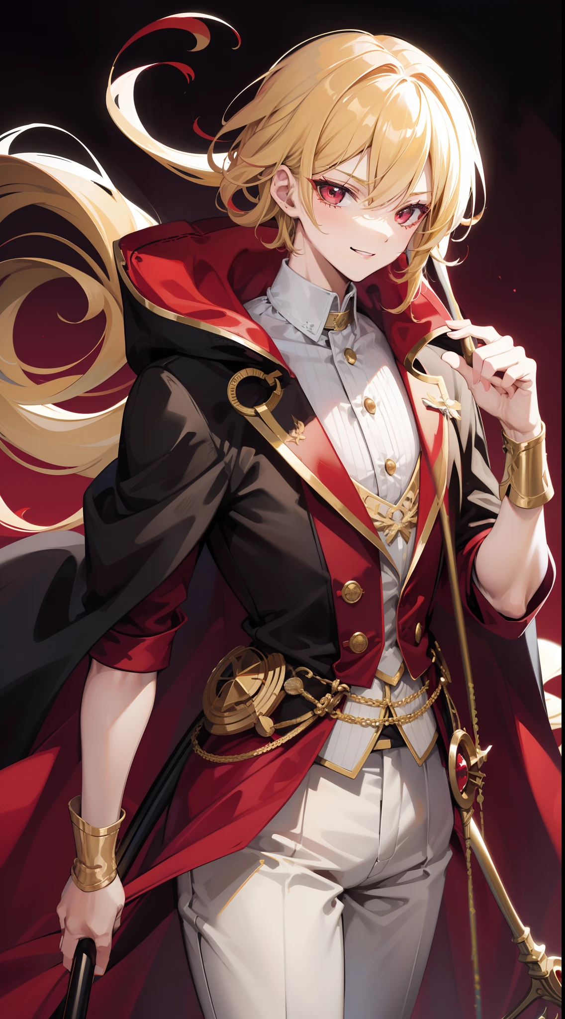 young boy, longue blonde hair, Heteroromy, smirk, red lipstick, red and yellow, red fluffy shirt, black tight pants, Dark purple cape, cane, Masterpiece, hiquality, higly detailed, HD, 4k