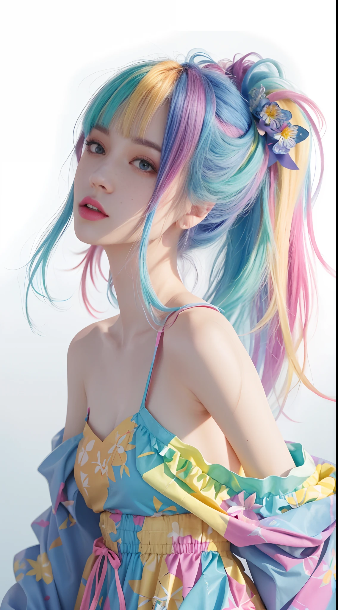 ((ultra - detailed)),((Full body shot from head to toe)),((eyes with brightness)),(Detailed eyes),8k,winking,(Little freckles makeup girl),((Realistic skin)),((Focus detail 2 straps on the shoulders of the clothes)),((Shiny facial skin)),((Perfect slender thin legs))Colorful hair and colorful dresses,A pair of colored wing shoes on the feet,Rosla's soft vibrancy,Ross La cartoon is vibrant,Style anime 8k,beautiful portraits,The artistic germ is rich and colorful!!!, !dream artgerm, Beautiful anime girls, Style digital art, Art Wallpaper 8k, number art, extremely detailed art germ,
