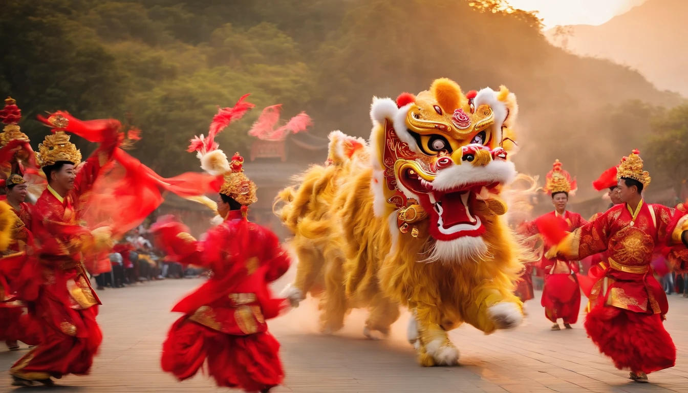 (Best quality,4K,A high resolution,Masterpiece:1.2),Ultra-detailed,Realistic:1.37,Traditional Chinese lion dance,Traditional Chinese martial arts,Energetic dance,Two colorful lion costumes,strong facial expression,Vibrant and luxurious atmosphere,Habitual intense movements,Dynamic and lively performance,Impressive stunts and acrobatics,Traditional handmade lion's head,Gorgeous gold accents and intricate design,Charming and rhythmic drums,Traditional Chinese music,Cheerful and excited crowd,Joyful celebration,Red and gold color scheme,Elegant and smooth lion dance movements,Majestic lion jumping jump,Amazing choreography,Authentic cultural performances,Elaborate lion dance competition,Auspicious festive atmosphere。