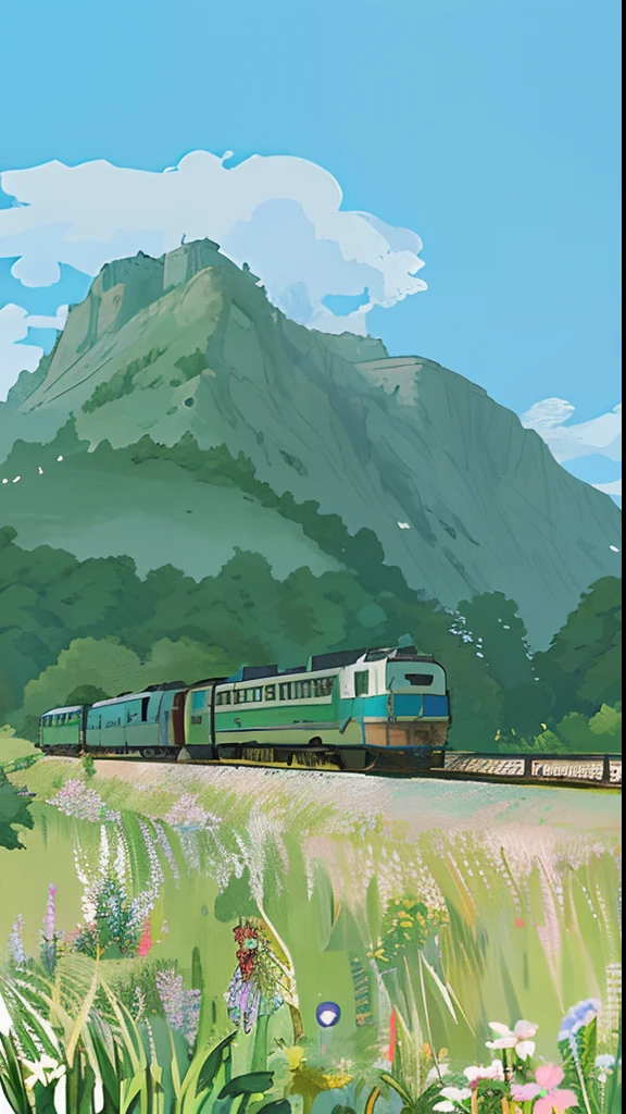 Dilapidated country train，Hook line style quadratic，in style of ghibli，Cartoon animation