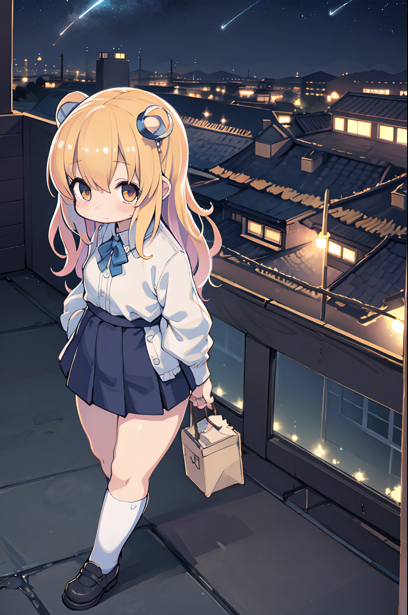 Anime girl standing on rooftop looking at stars and night sky, anime wallpaper 4k, anime wallpaper 4 k, 4k anime wallpaper, Anime art wallpaper 8k, anime art wallpaper 4k, anime art wallpaper 4k, anime style 4 k, makoto shinkai cyril rolando, 4 k manga wallpaper, anime wallpaper, amazing wallpapers, shooting stars、(((tiny girl))),pleatedskirt