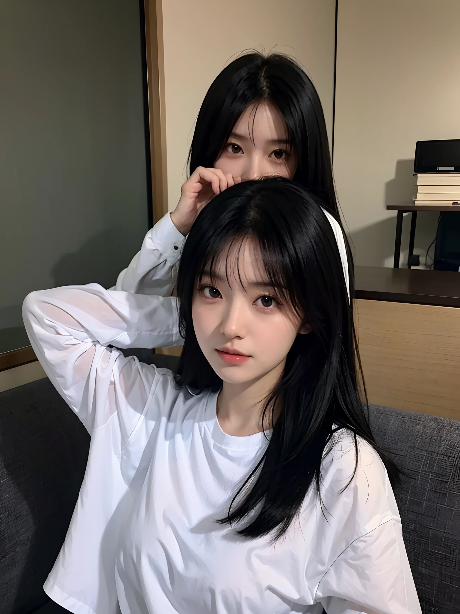 arafed woman with long black hair and a white shirt, sui ishida with black hair, chiho, ayaka, kimi takemura, shiori teshirogi, chiho ashima, yukii morita, 奈良美智, shikamimi, girl cute-fine-face