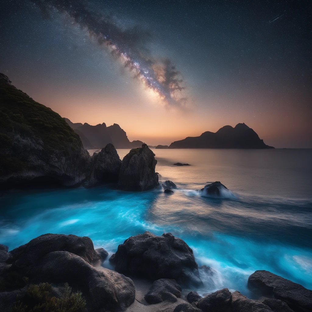Master Parts、Superior Quality、superior image quality、The 8k quality、Beautiful pictures of the starry sky、magnifica、Arched Milky Way:1.9、Blue glowing sea