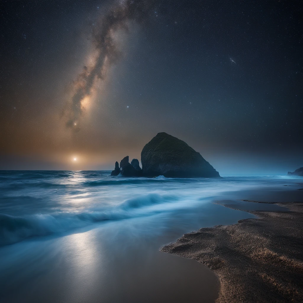 Master Parts、Superior Quality、superior image quality、The 8k quality、Beautiful pictures of the starry sky、magnifica、Arched Milky Way:1.9、Blue glowing sea