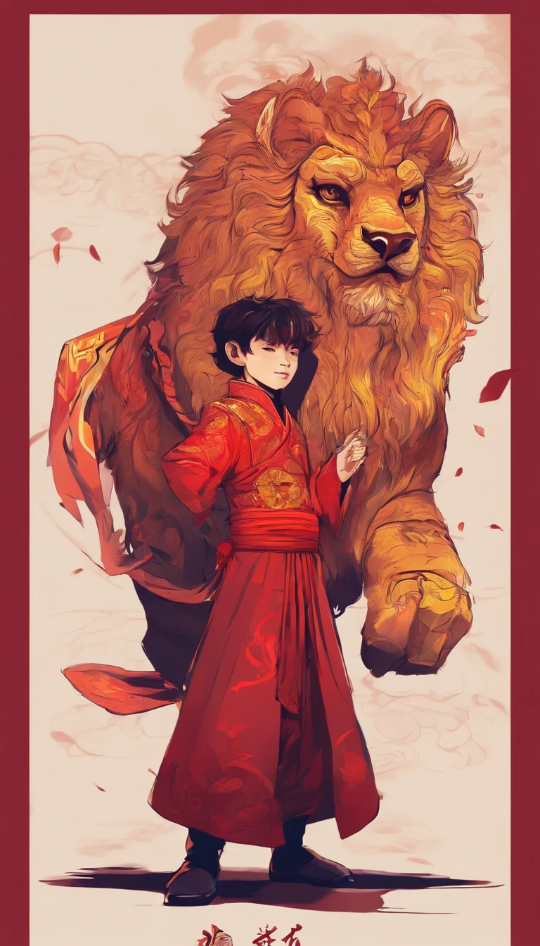(Solo:1.4)A boy with:1 Holding a huge lion's head::2,Children,adolable,big laughter,Red lanterns,Chinese Year,Chinese clothes, China-style,red colour,lion dance