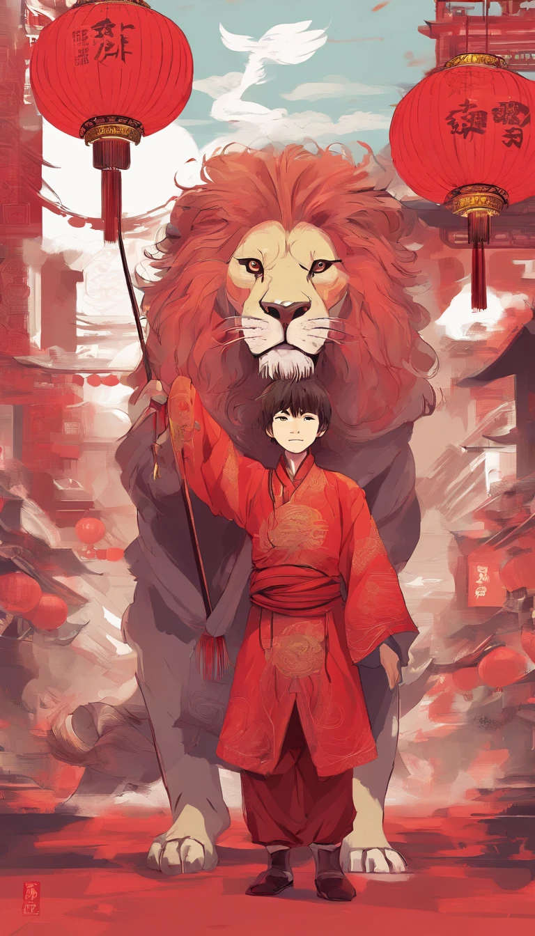 (Solo:1.4)A boy with:1 Holding a huge lion's head::2，Children，adolable，big laughter，Red lanterns，Chinese Year，Chinese clothes， China-style，red colour，lion dance