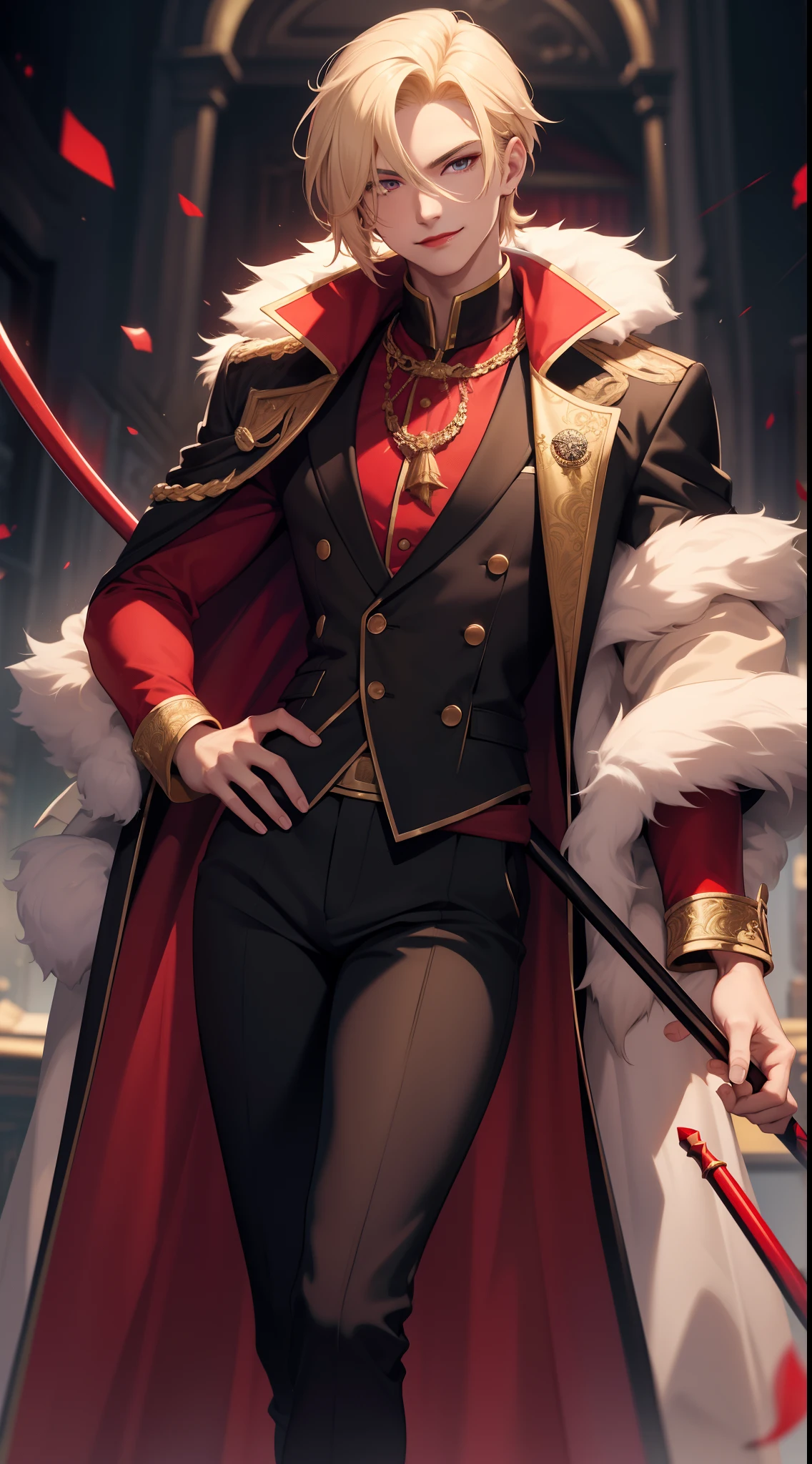 young boy, longue blonde hair, Heteroromy, smirk, red lipstick, red and yellow, red fluffy shirt, black tight pants, Dark purple cape, cane, Masterpiece, hiquality, higly detailed, HD, 4k