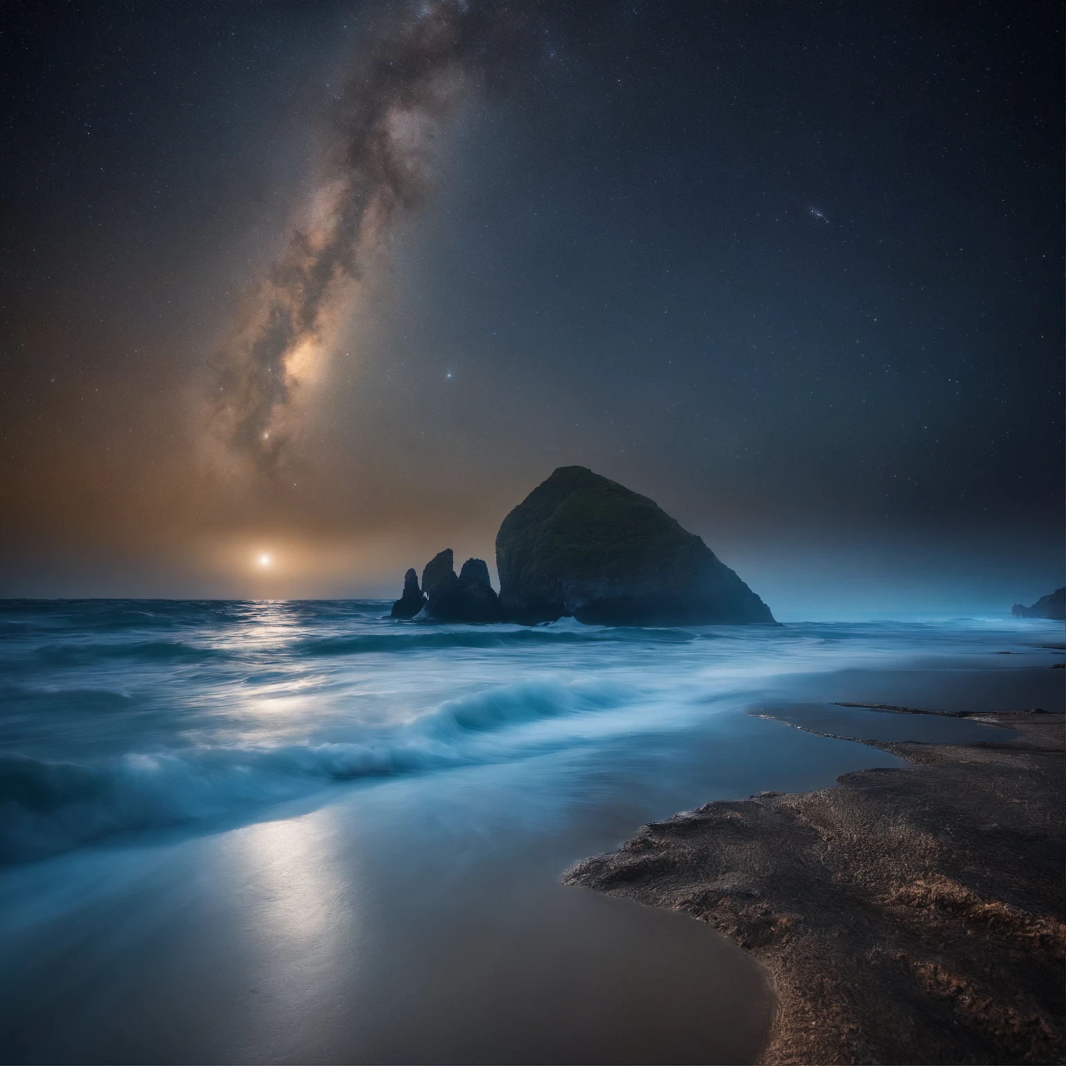 Master Parts、Superior Quality、superior image quality、The 8k quality、Beautiful pictures of the starry sky、magnifica、Arched Milky Way:1.9、Blue glowing sea