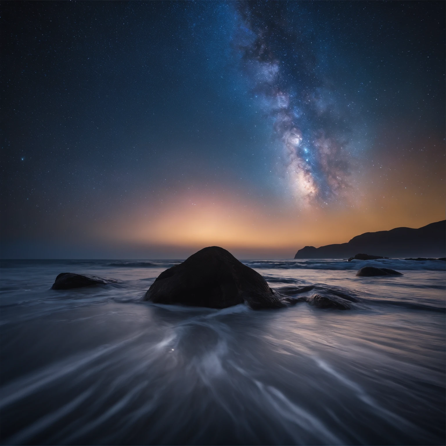 Master Parts、Superior Quality、superior image quality、The 8k quality、Beautiful pictures of the starry sky、magnifica、Arched Milky Way:1.9、Blue glowing sea