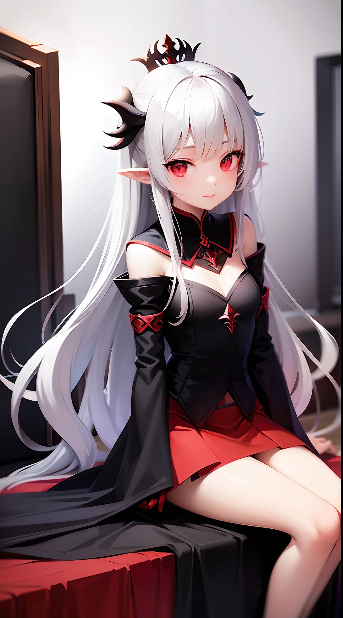 Full-body, silver-haired young girl, red eyes, maiden body and face, black robe with a mini skirt, wield a dark sword, wears a cloak and dark crown, sitting at the throne of darkness, black wings, blood moon and red light background scene, the magic circle with diamond, brave smile, stable diffusion v5, anime style v3, dynamic, image enhance, dream shape, vibrant, realistic face, 8k quality, upscale, sharp focus.