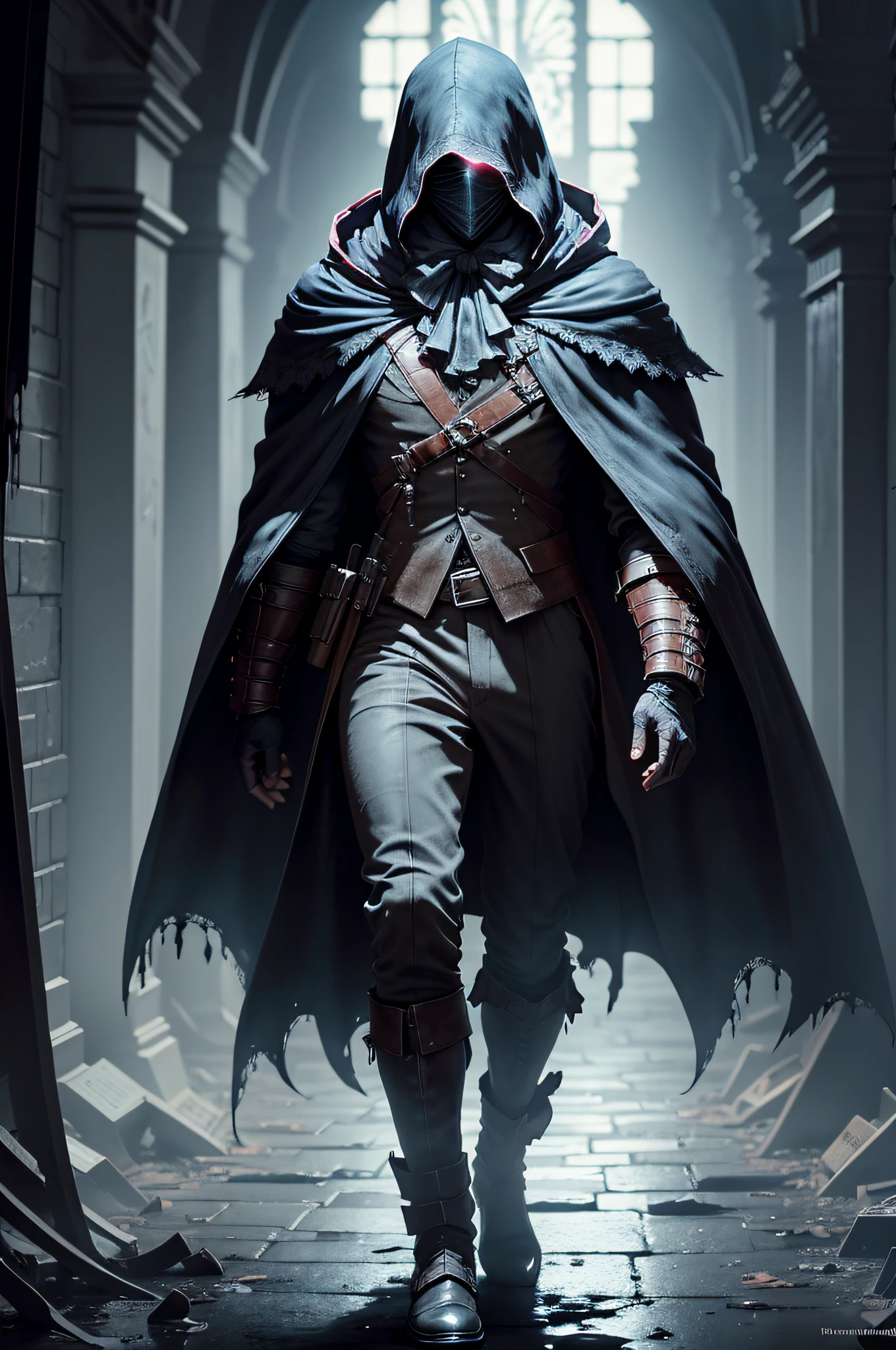 male,flawless,clean,masterpiece,professional artwork,famous artwork,cinematic lighting,cinematic bloom,perfect face,beautiful face,beautiful eyes,the most beautiful image ever seen,technique highly detailed,computer generated, image,beautiful,4k,cinematic,bioluminescence,bangs,wallpaper,full body portrait, black cloak,holding revolver,masked,Covered in splatters of blood,dark corridor,Bloodborne