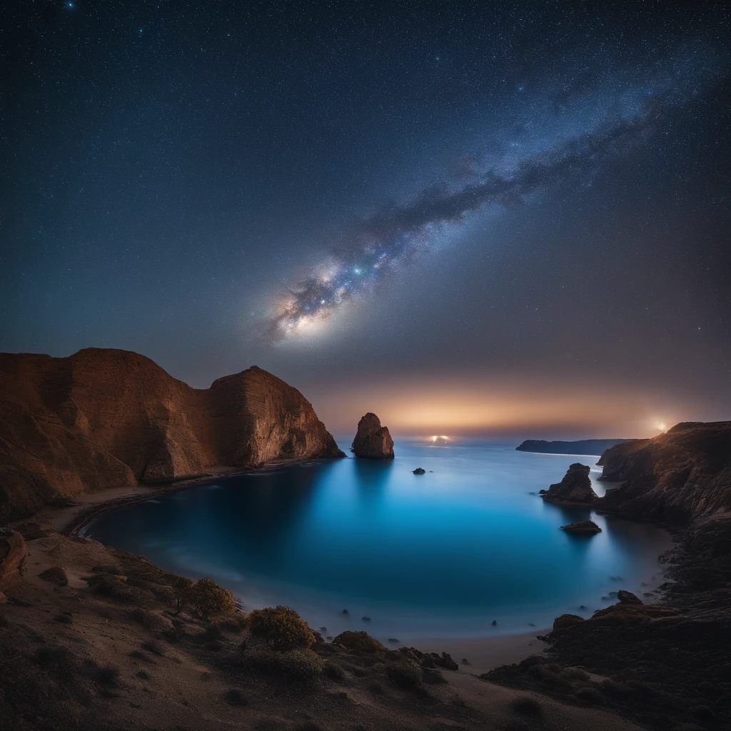 Master Parts、Superior Quality、superior image quality、The 8k quality、Beautiful pictures of the starry sky、magnifica、Arched Milky Way:1.9、Blue sea