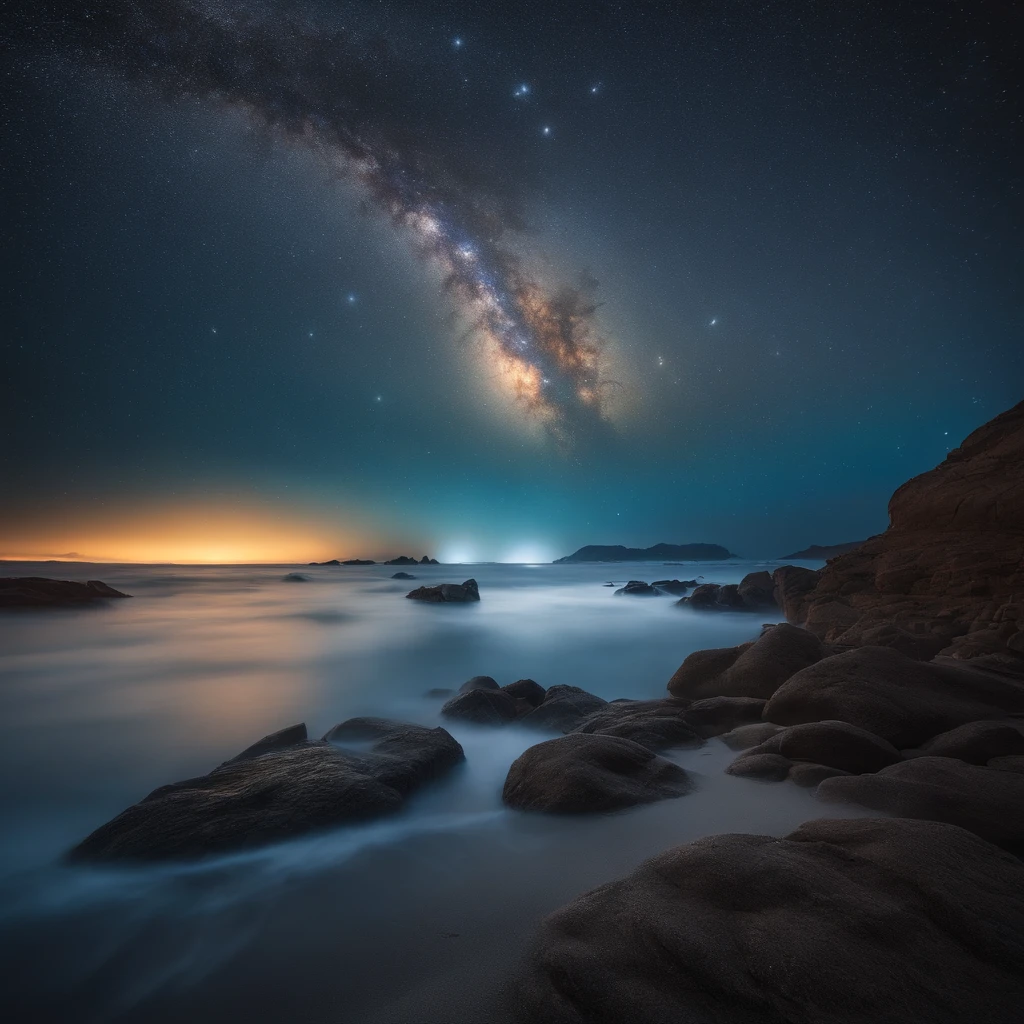 Master Parts、Superior Quality、superior image quality、The 8k quality、Beautiful pictures of the starry sky、magnifica、Arched Milky Way:1.9、Blue sea
