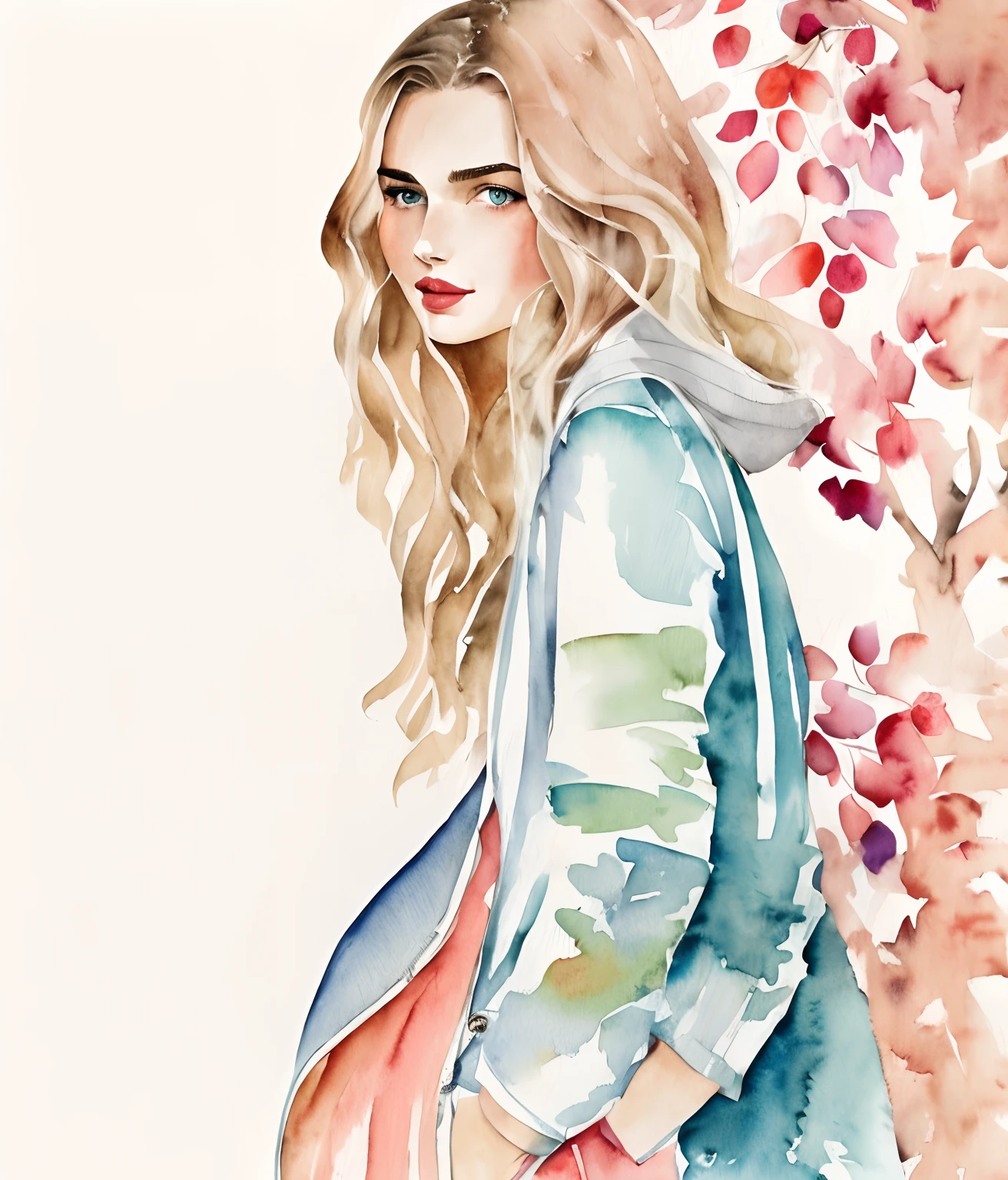 Kelly smith watercolor art Blonde Woman thin hair, french bob, gray blue eyes, red lipstick, andreea diaconu, peach beige dress, jacket, windy, green tree, summer, fantasy, artistic brushstrokes