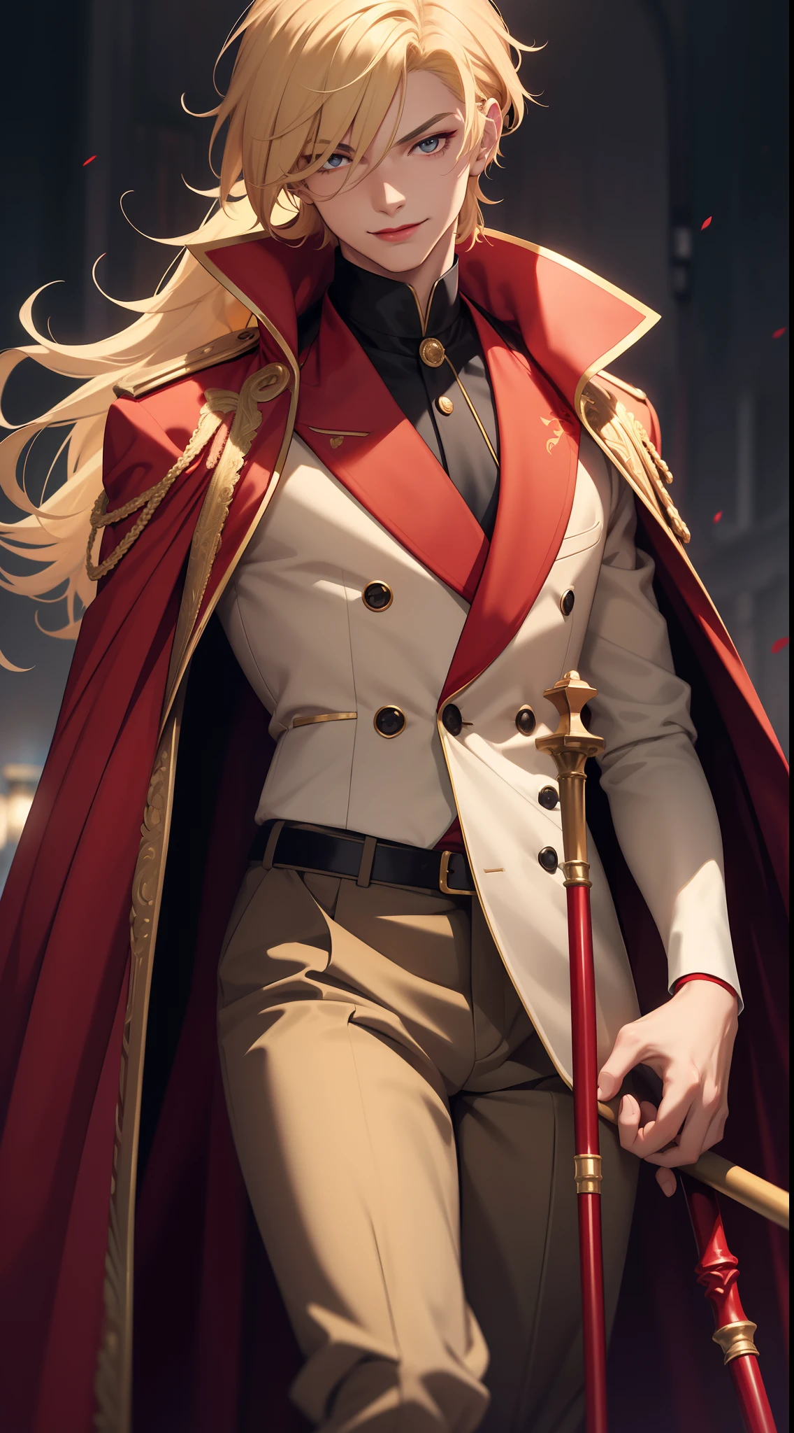 young boy, longue blonde hair, Heteroromy, smirk, red lipstick, red and yellow, red fluffy shirt, black tight pants, Dark purple cape, cane, Masterpiece, hiquality, higly detailed, HD, 4k