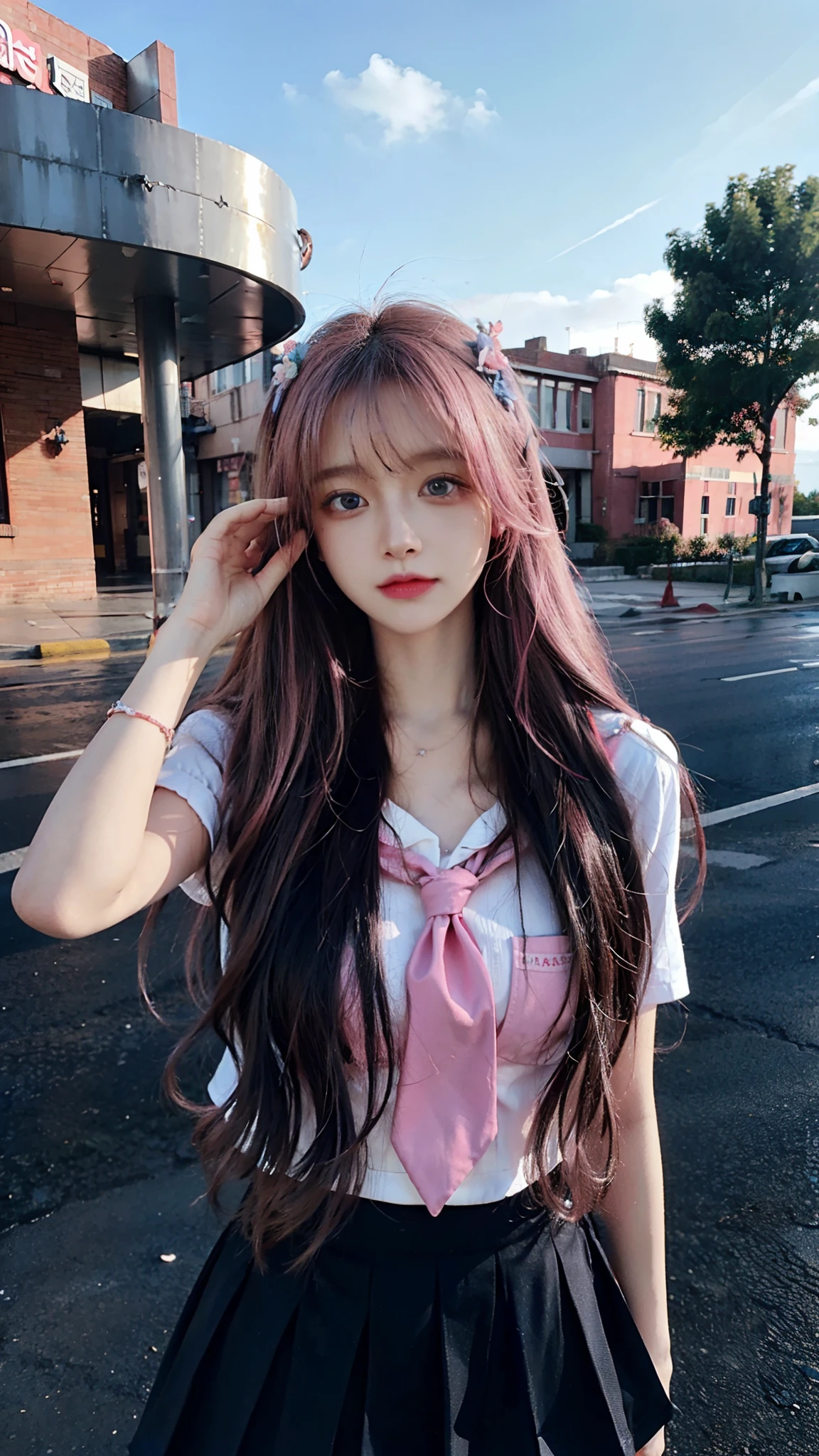 Masterpiece, Best quality, 1girll, Loli, hair, Blue eyes, Very long hair, hair flower, pink school uniform, pink Mini skirt, cheerfulness, Amazing, Beautiful detailed eyes, Depth of field, Original, Outdoors, soaking wet, beautiful detailed water, Beautiful detailed sky, fluttered detailed splashs, author, Colorful, hdr, colorful refraction, cinematic lighting, attractive pose, upper body capture,