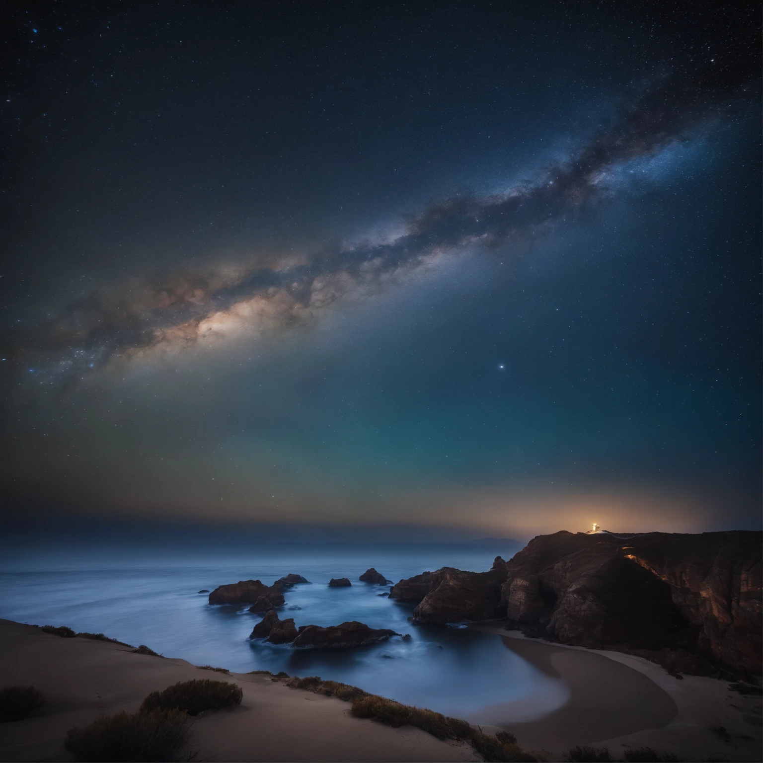 Master Parts、Superior Quality、superior image quality、The 8k quality、Beautiful pictures of the starry sky、magnifica、Arched Milky Way:1.9、Blue sea