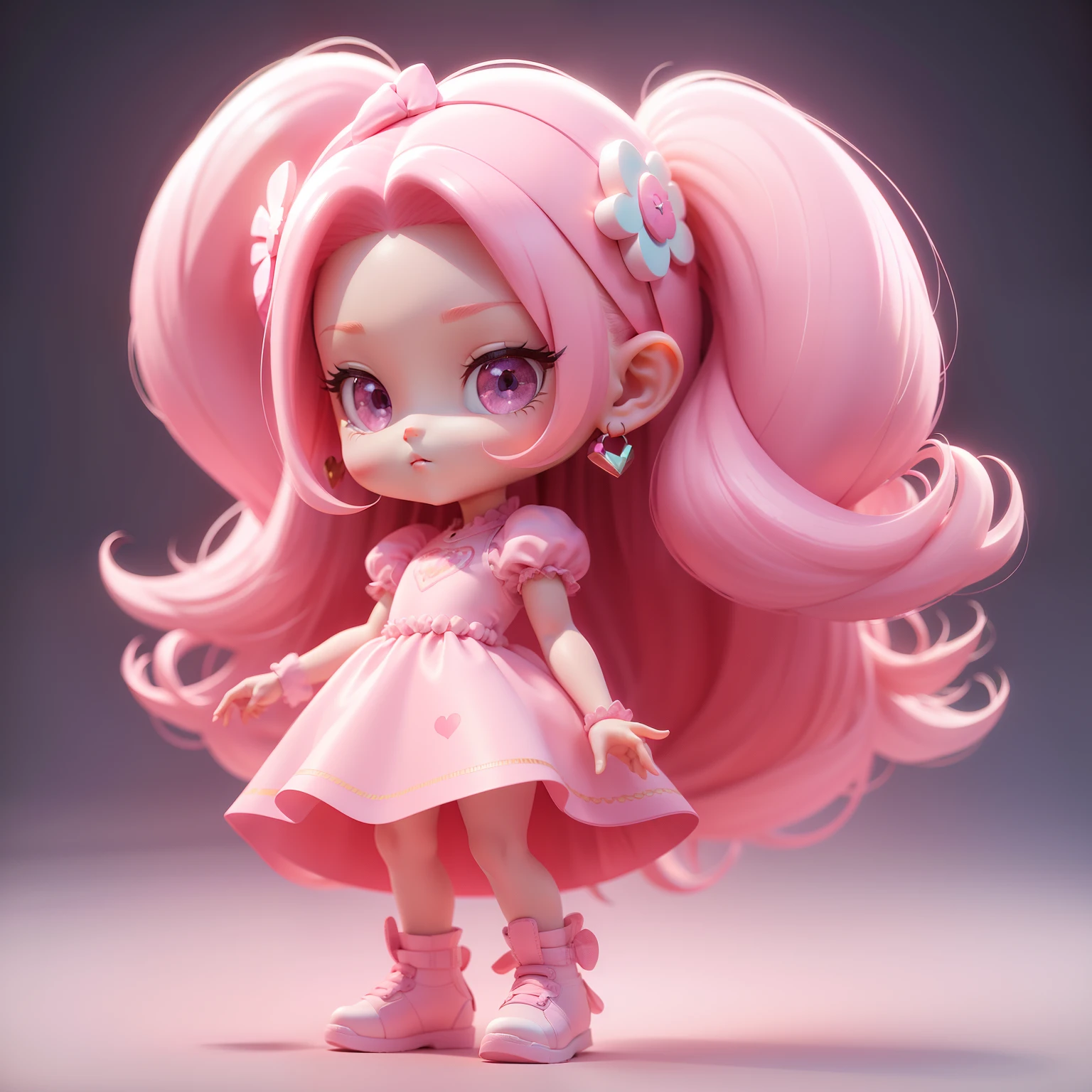 Pink Long Hair,cute female child,Dreamy cute hair accessories Popmart blind box,IP design,Clean bright background 3D rendering,oc rendered,8K,soft focus,Ultra-fine details,Fine gloss,full bodyesbian,standing on your feet,Dance,Princess dress,Pink eyes