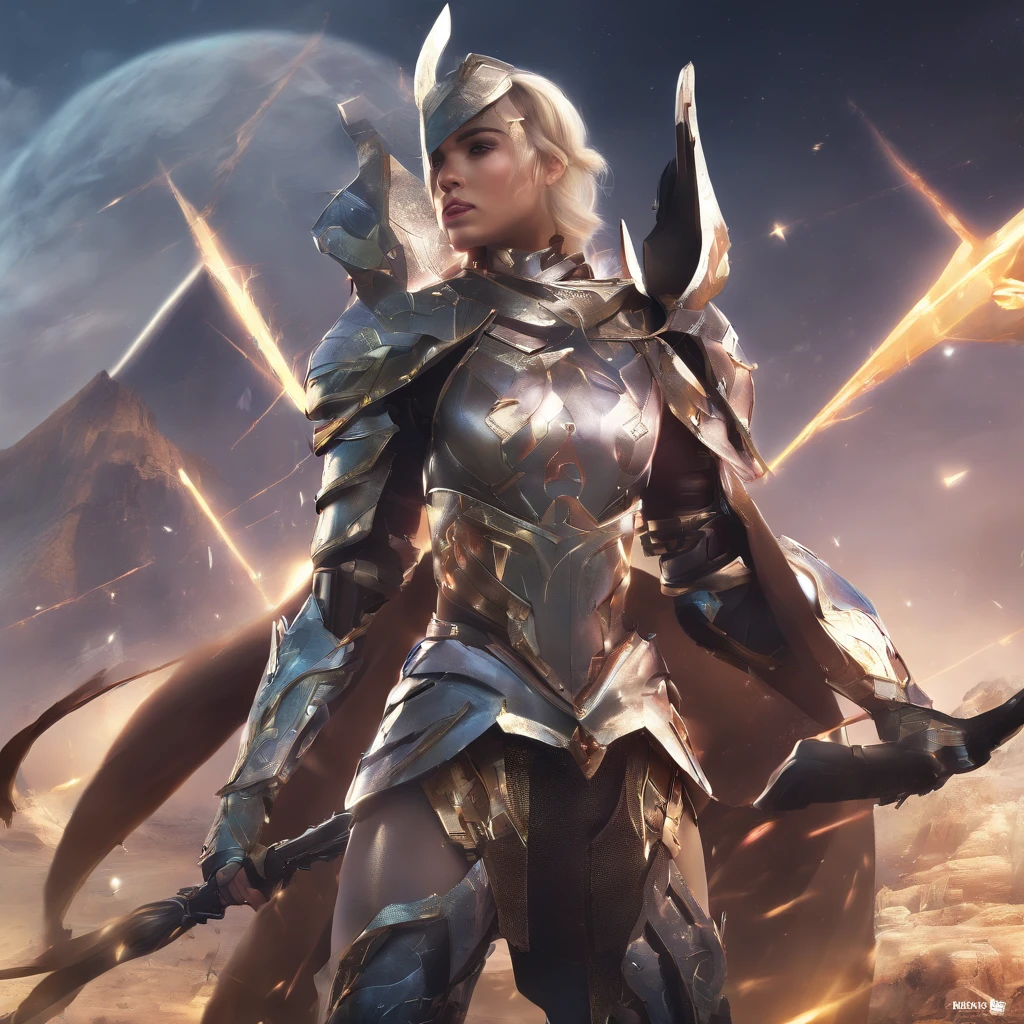 (Best quality,4K,8K,highr,Master parts:1.2),ultra - detailed,(Realistic,Fotorrealista,photo-realistic:1.37),Sagittarius Knight, mtu, Solo, anime big breast,illustration,highly detailed armor,glowing light eyes,Fierce expression,Flying arrows,Bright bow,Ancient site background,cosmic energy,Fighting posture,Strong physique,vivd colour,Soft lighting.