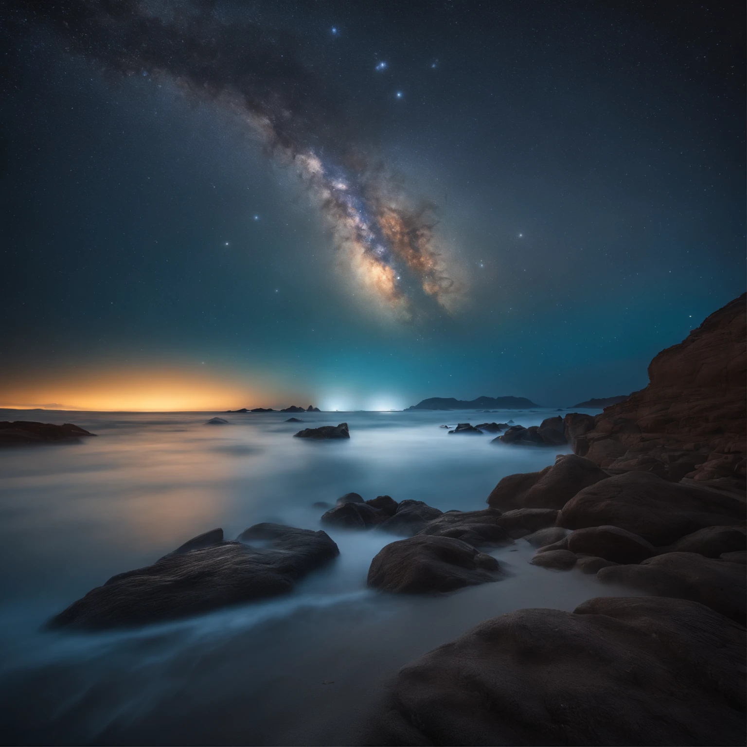 Master Parts、Superior Quality、superior image quality、The 8k quality、Beautiful pictures of the starry sky、magnifica、Arched Milky Way:1.9、Blue sea