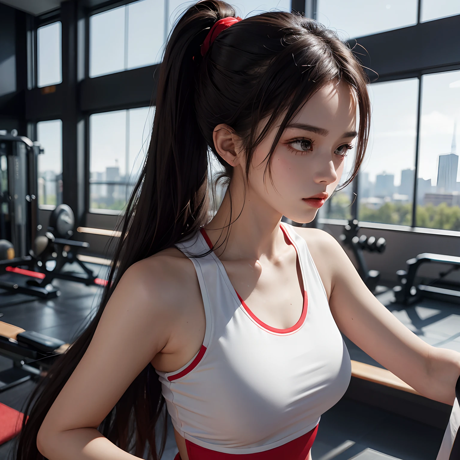 High detail CG，Super high quality，Masterpiece，rich details​，woman，Red and white sportswear，Exercise in the fitness room，Wearing sweat，Long black ponytail hair