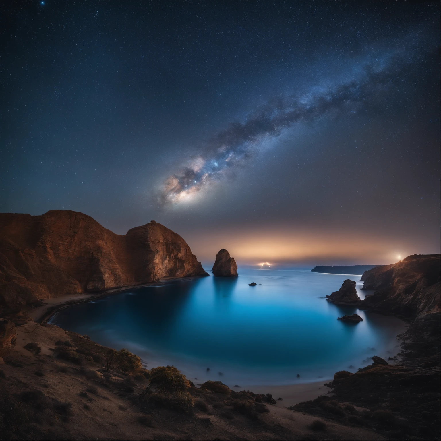 Master Parts、Superior Quality、superior image quality、The 8k quality、Beautiful pictures of the starry sky、magnifica、Arched Milky Way:1.9、Blue sea