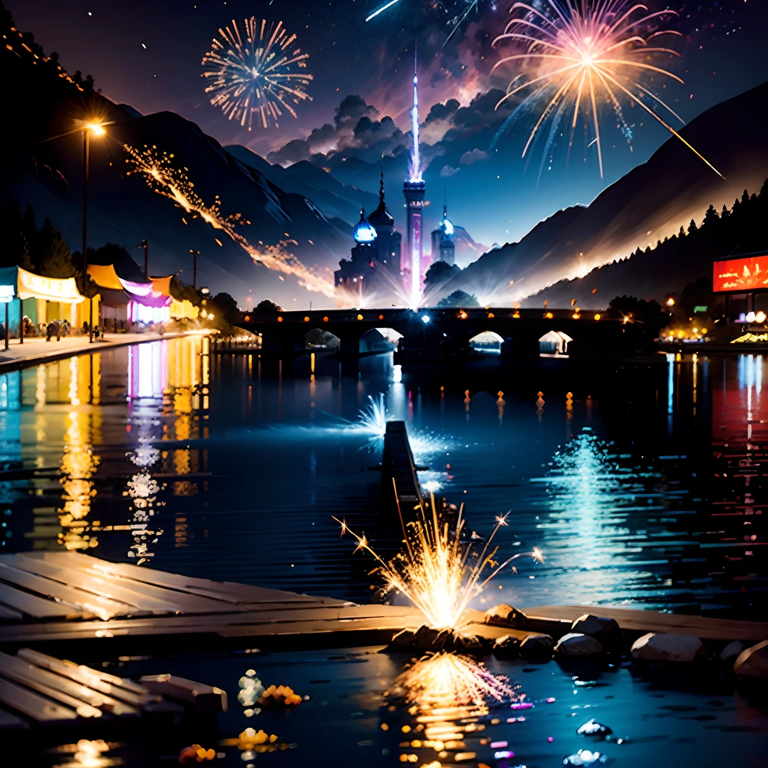 Landscape painting、sparklers、high-level image quality、Summer Festivals、No person aspect ratio 1:3