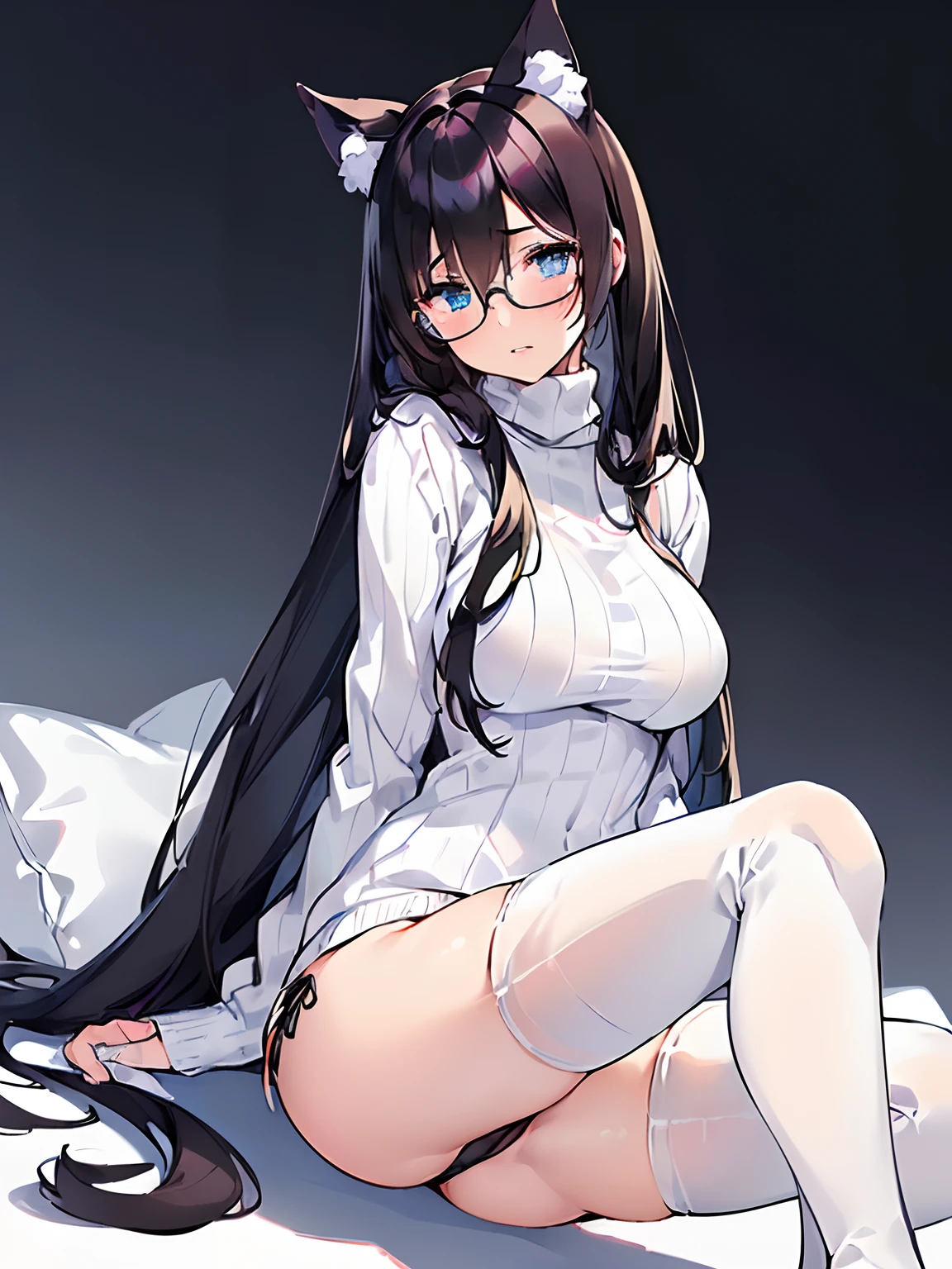(((solo))), (((1, girl))) (((anime adult woman in a WHITE turtleneck cotton sweater outfit))), (((beautiful detailed eyes))), (((blue eyes))) (((parted lips))), (((black cat ears))), (((black hair))), (black messy hair), (((blushing))), (((embarrassed))), (((sitting))), (((knees together feet apart pose))), (((left and right hands pulling down sweater))), anime moe artstyle, with glasses, (((with WHITE thigh highs))), (((no shorts))), (((WHITE thigh highs socks))), (((BLACK panties))) spectacled, with BLACK glasses on, attractive anime girl, (((white background))), ((perfect hands)), (front pov) (((full body)))