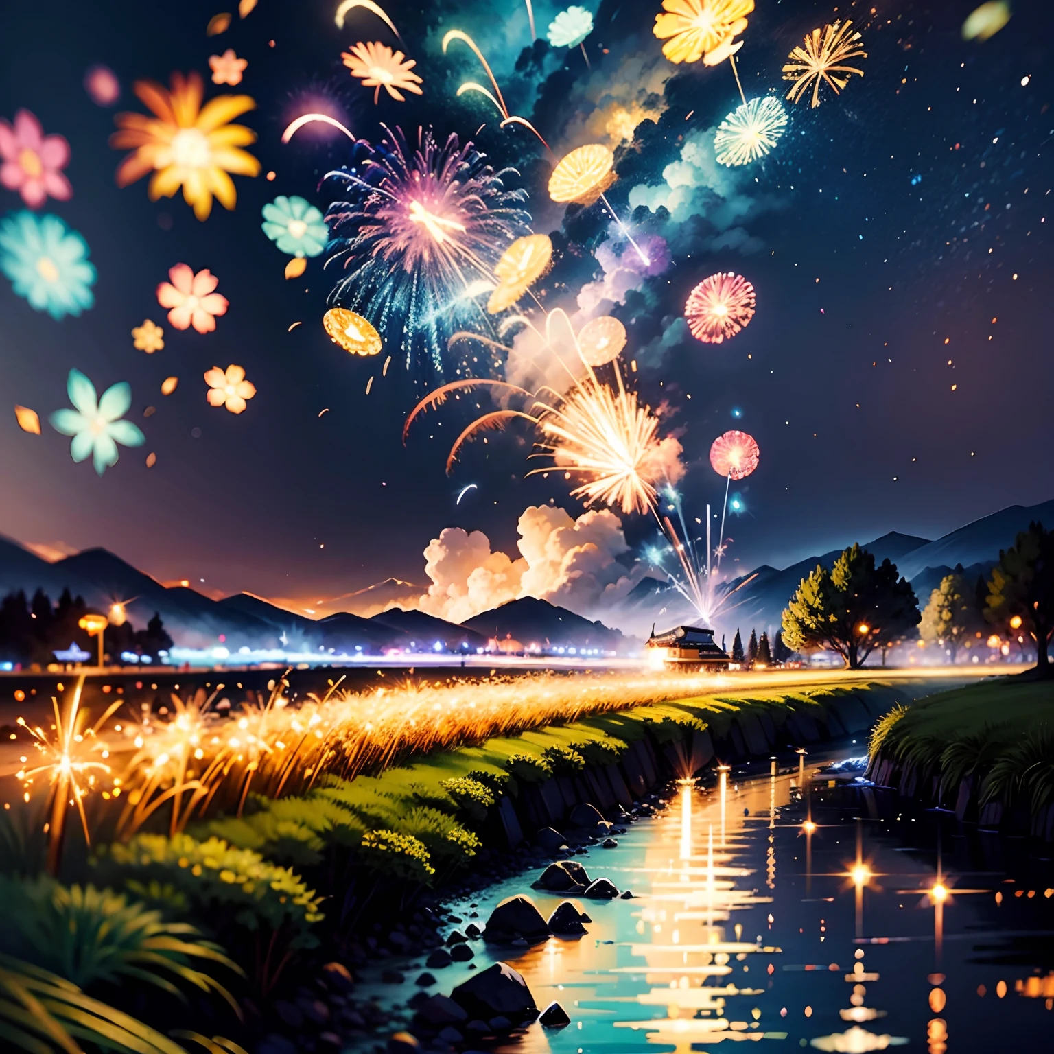 Landscape painting、sparklers、high-level image quality、Summer Festivals、No person aspect ratio 1:3