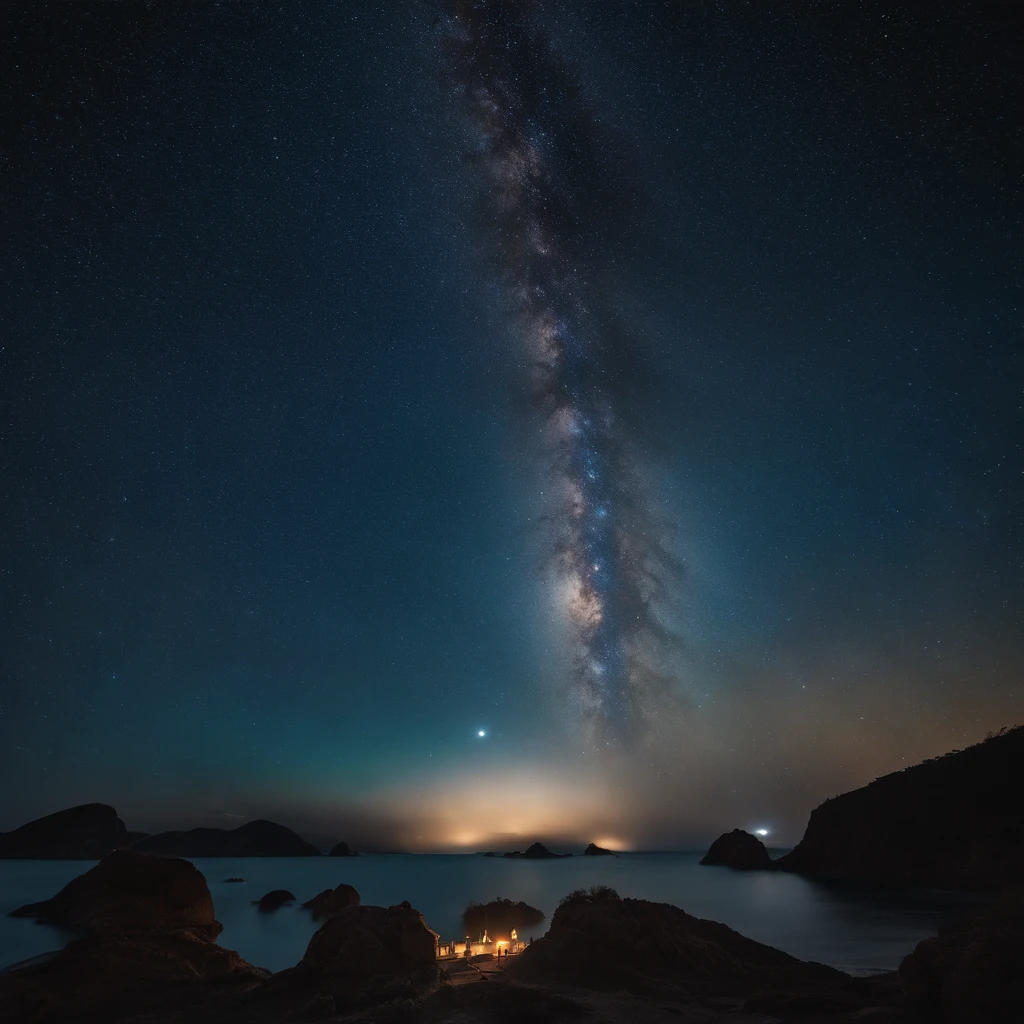 Master Parts、Superior Quality、superior image quality、The 8k quality、Beautiful pictures of the starry sky、magnifica、Arched Milky Way:1.9、Blue Sea