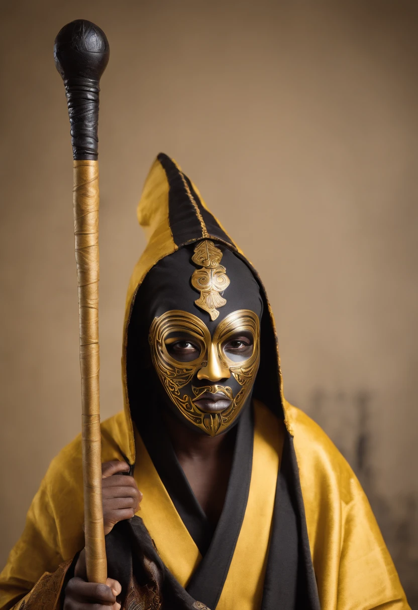 African personagen in black and yellow kimono mask and hood with a wizard's staff