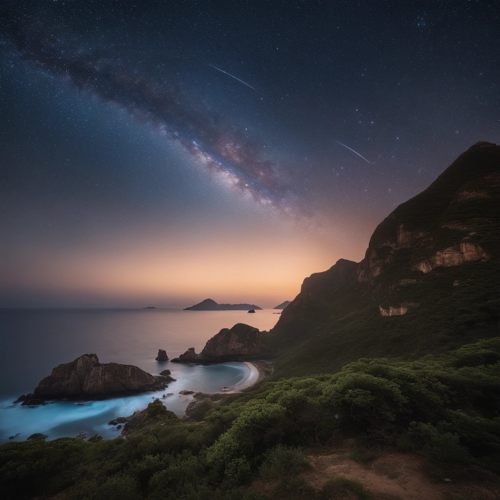 Master Parts、Superior Quality、superior image quality、The 8k quality、Beautiful pictures of the starry sky、magnifica、Arched Milky Way:1.9、Blue Sea