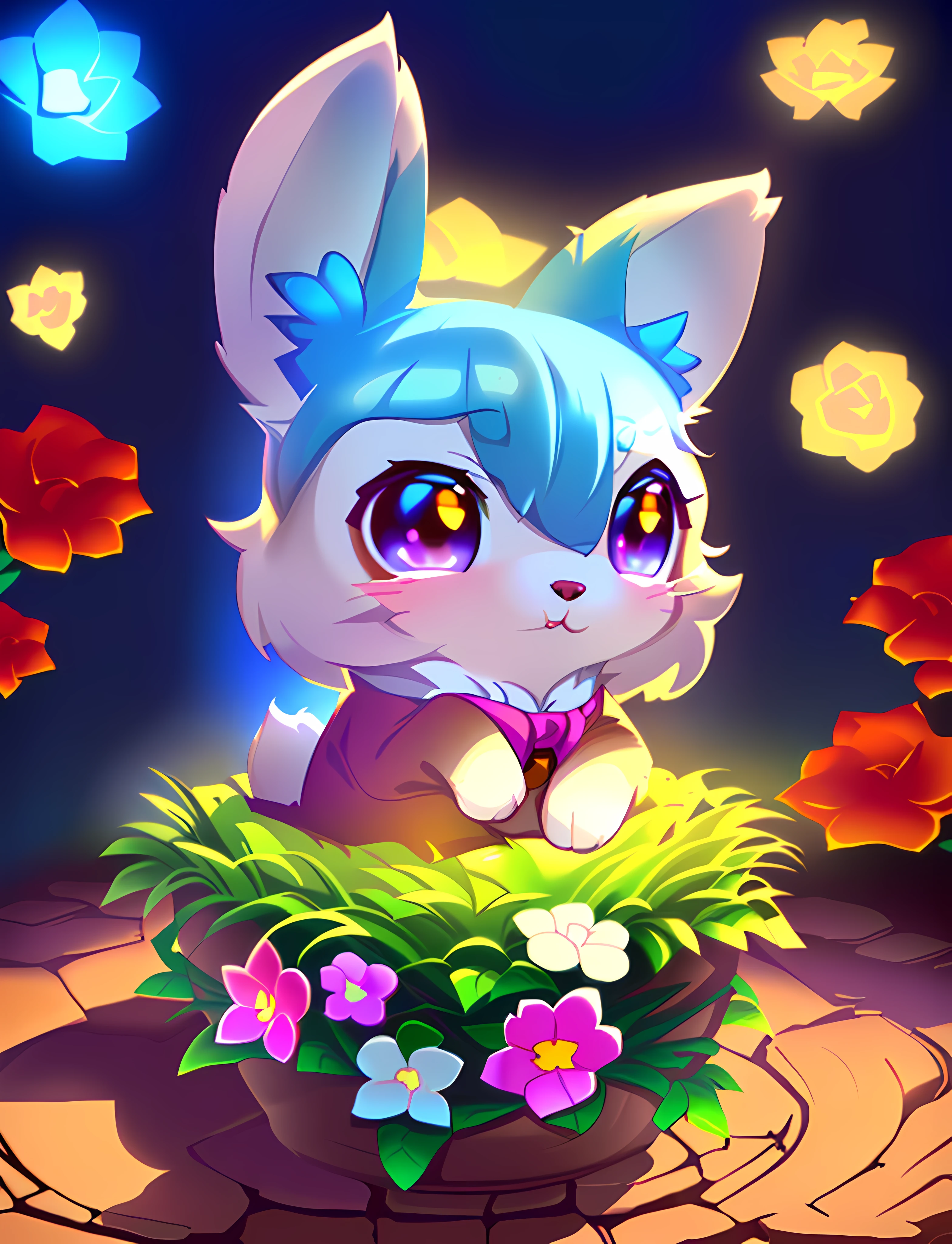 There is a cartoon cat sitting on a flower pot, Cute detailed digital art, adorable digital art, lovely digital painting, cute detailed artwork, lovely art style, cute artwork, cute anthropomorphic bunny, cute character, Furry art, fursona art, Eevee, very very beautiful furry art, Furry art!!!, furry fantasy art, ahri, cute portrait