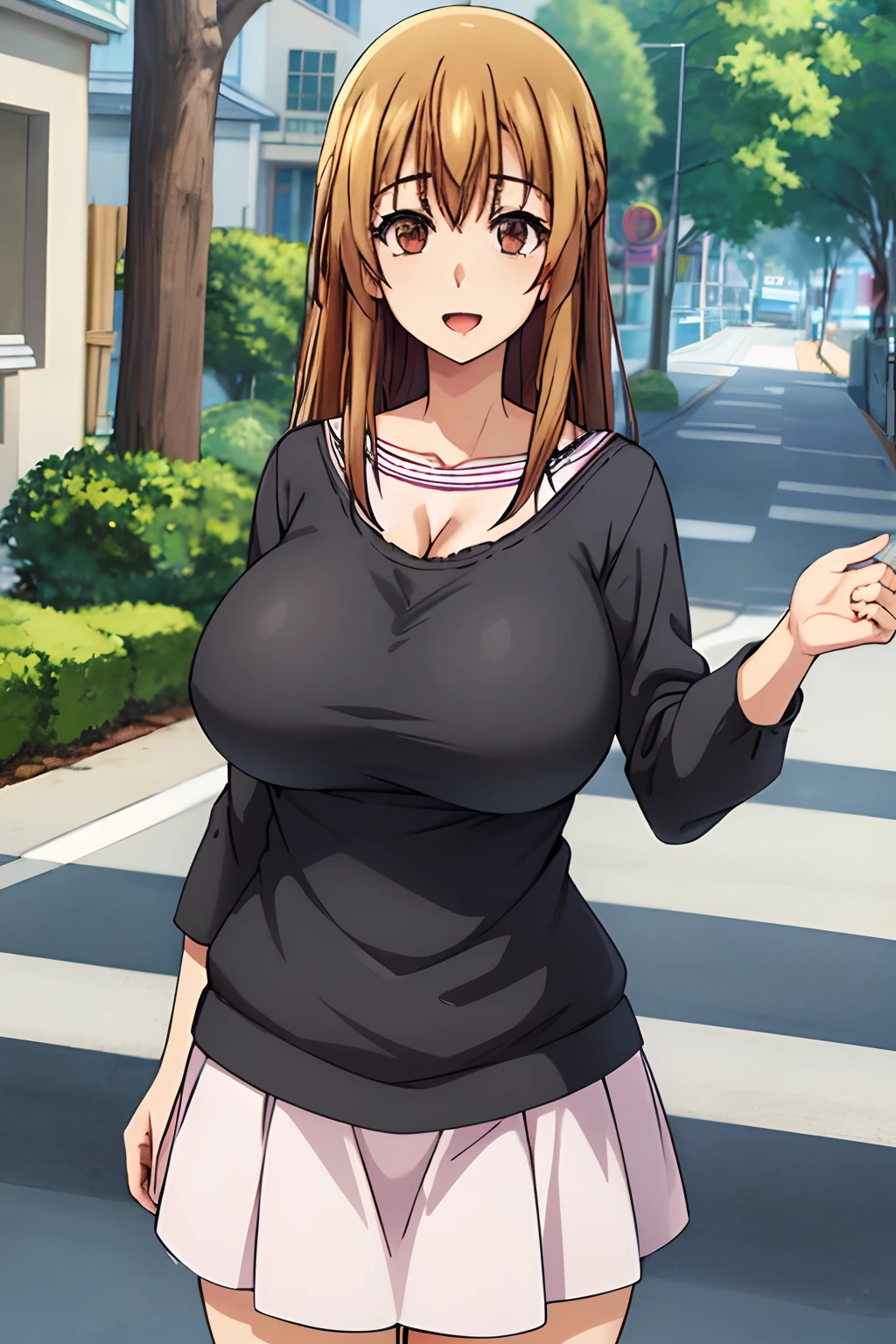 best quality, (masterpiece:1.2), highly detailed, street,
1girl,  kotegawa nanaka,
looking at viewer, slight smile, open mouth,
brown eyes, brown hair, long hair, black shirt, elbow sleeves, pink skirt, miniskirt, (huge tits), cleavage