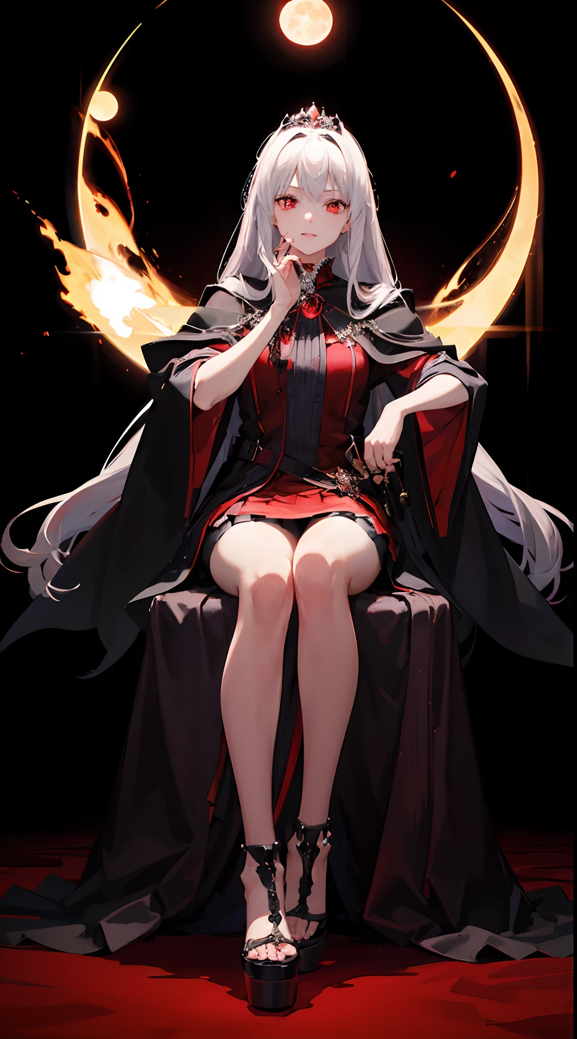 Full-body, silver-haired young girl, red eyes, angelic body and face, the dark robe with a mini skirt, wield a dark sword, wears a cloak and dark crown, sitting at the throne of darkness, black wings, blood moon and red light background scene, the magic circle with diamond, brave smile, stable diffusion v5, anime style v3, dynamic, image enhance, dream shape, vibrant, realistic face, 8k quality, upscale, sharp focus.