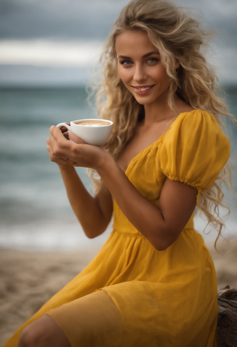 cute beautiful model Elsa Karlsson, blonde with (dreadlock), wearing yellow floating dress,(drinking italian coffee in a chiringuito close to the beach), very detailed, dark cloudy weather in the background, natural wave hair, blue eyes, high-res, masterpiece, best quality,intricate details, highly detailed,sharp focus, detailed skin,realistic skin texture,texture, detailed eyes, professional, 4k, charmer smile, shot on Canon, 85mm,shallow depth of field,kodak vision color, perfect fit body, extremely detailed, photo_\(ultra\), photorealistic, realistic, post-processing, max detail, roughness, real life, ultra realistic, photorealism, photography, 8k uhd, photography,